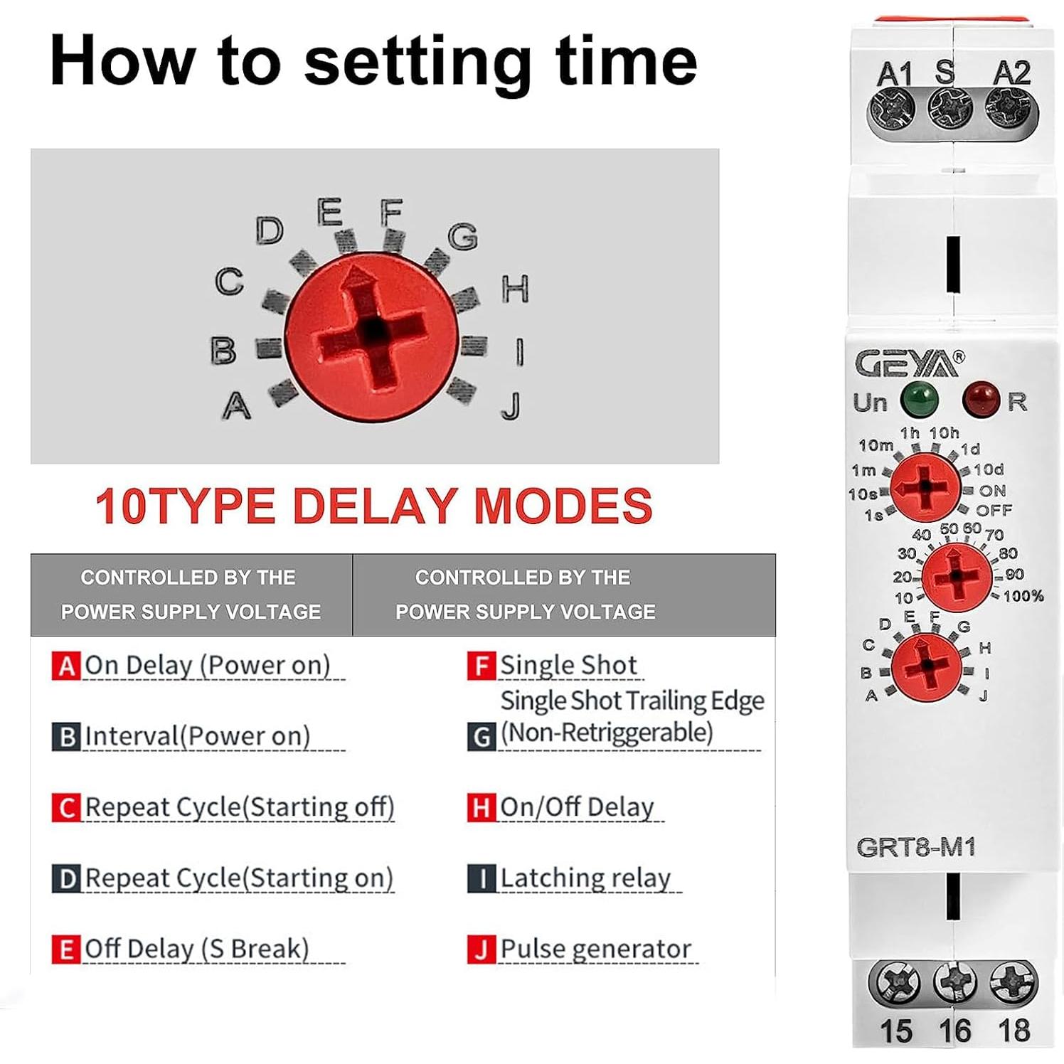 Relé de Tiempo Multifuncional GEYA GRT8-M1 16A AC/DC 12V-240V