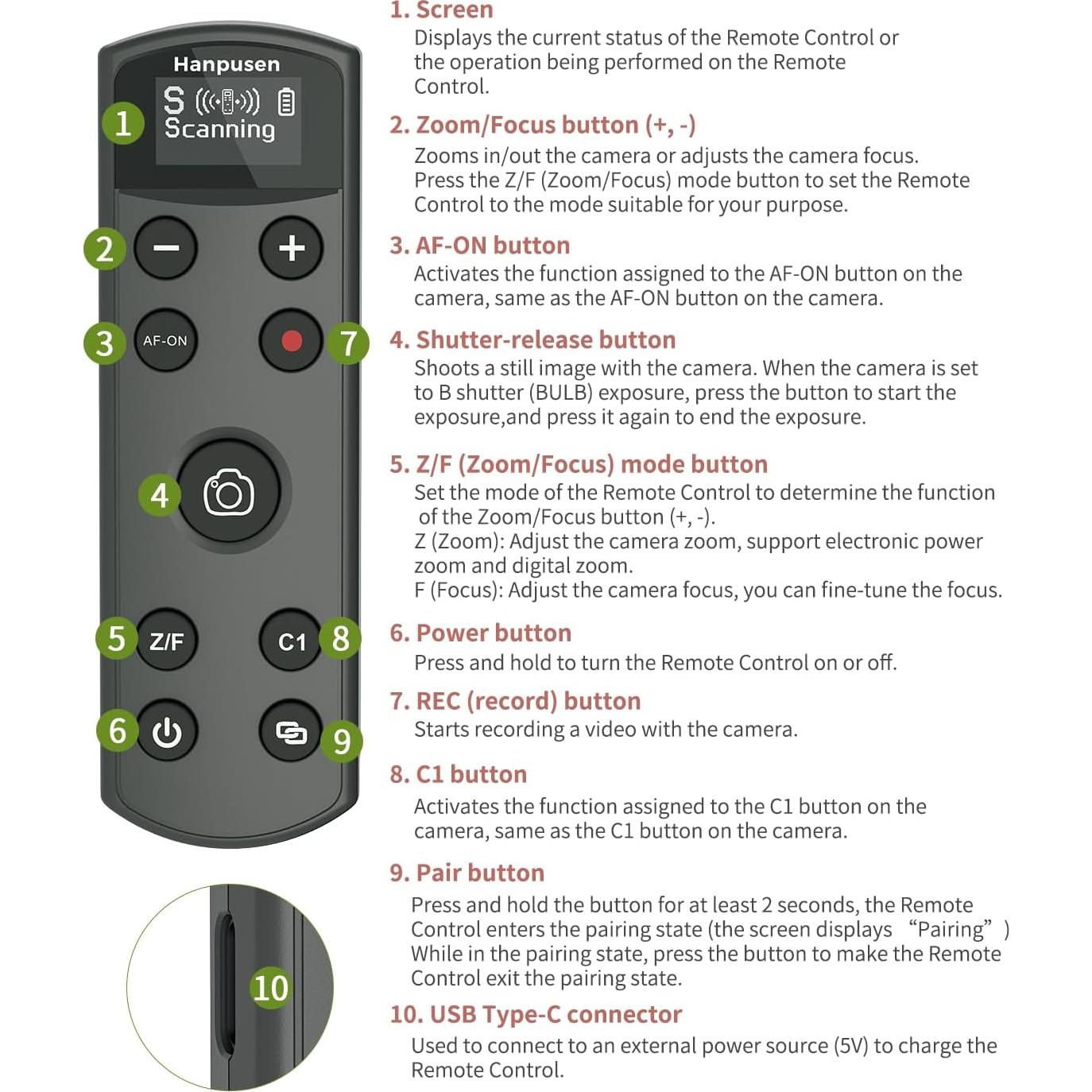 Control Remoto Inalámbrico Recargable Hanpusen para Sony ZV-E10/A7 III