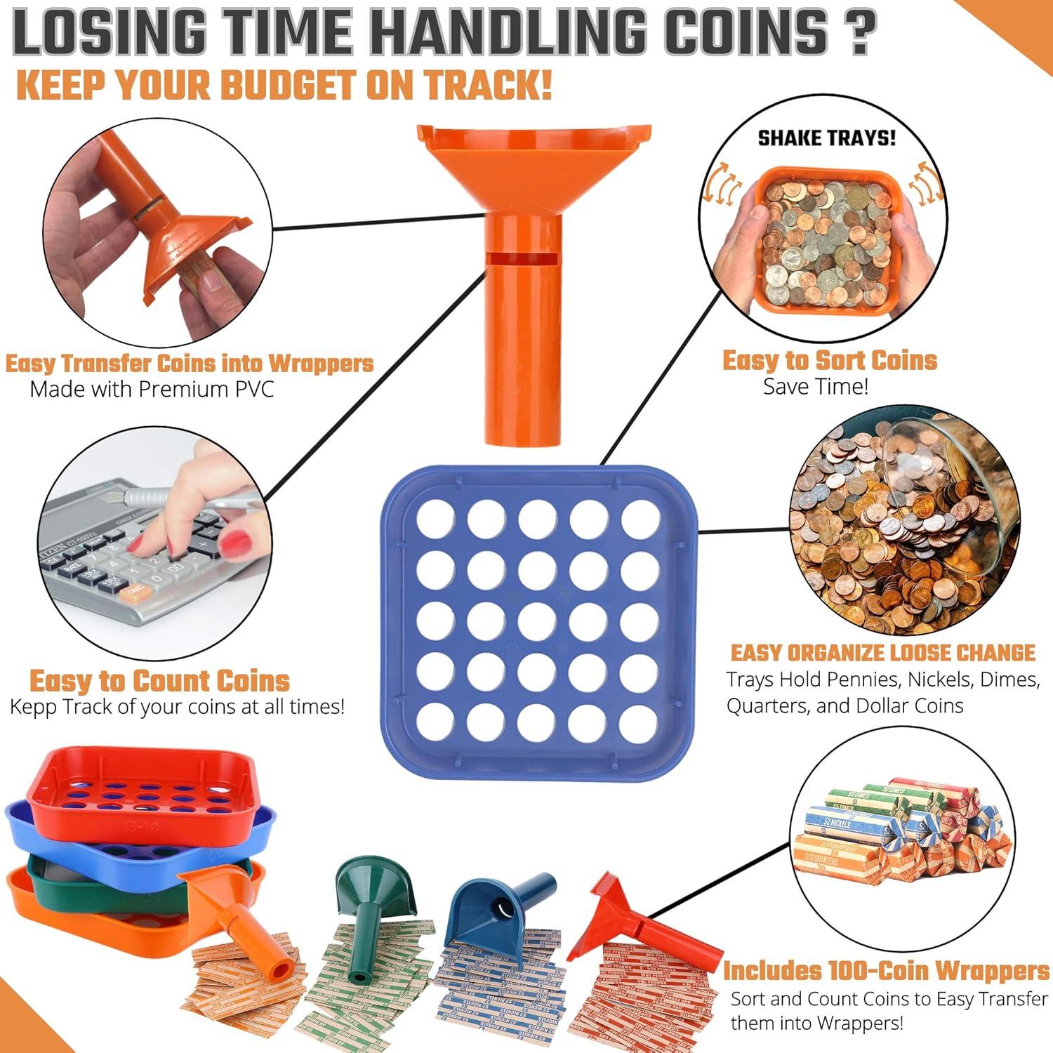 Kit de Clasificación y Conteo de Monedas Budgetizer - 4 Bandejas y 4 Tuberías