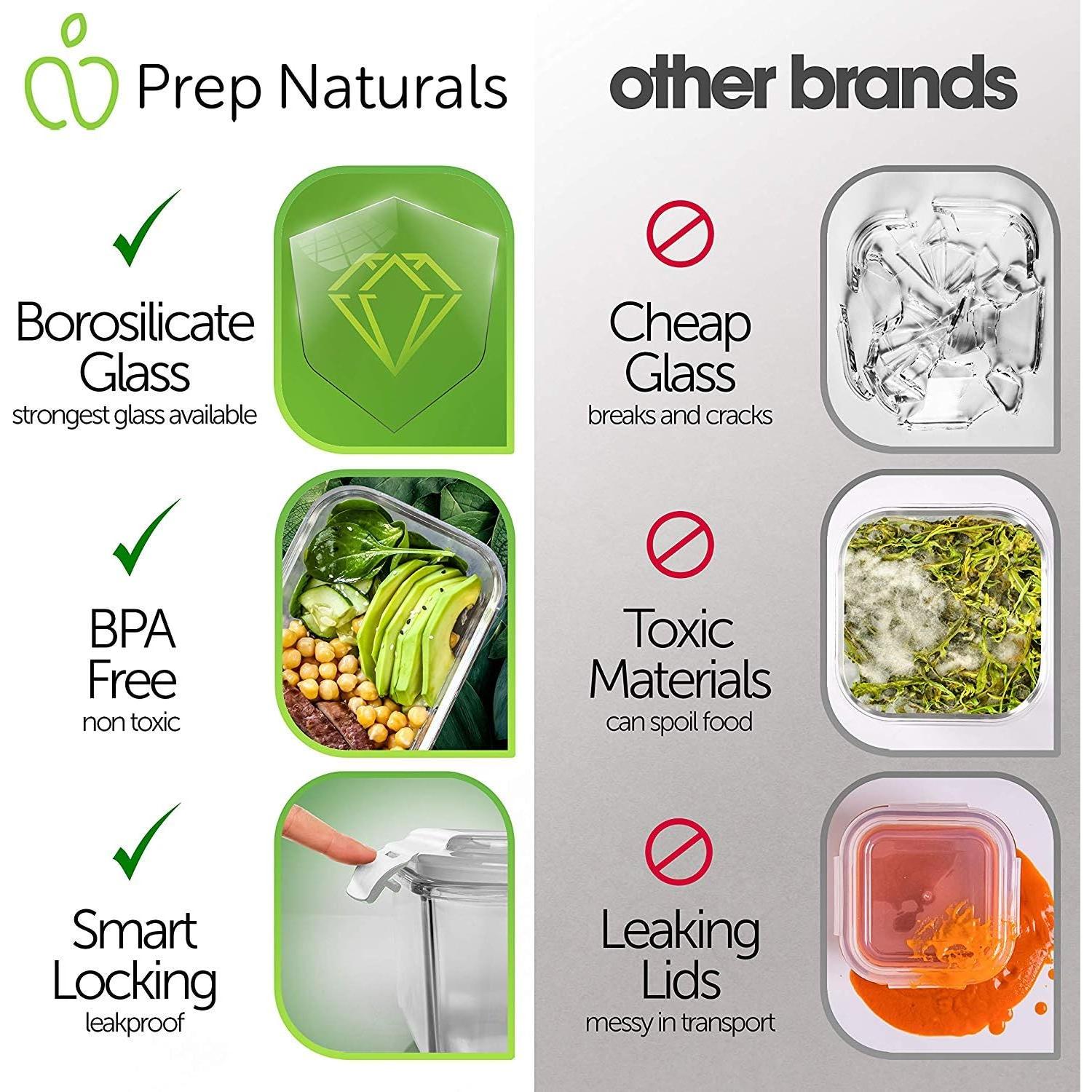 PrepNaturals 5 Contenedores de Vidrio 850ml A Prueba de Fugas