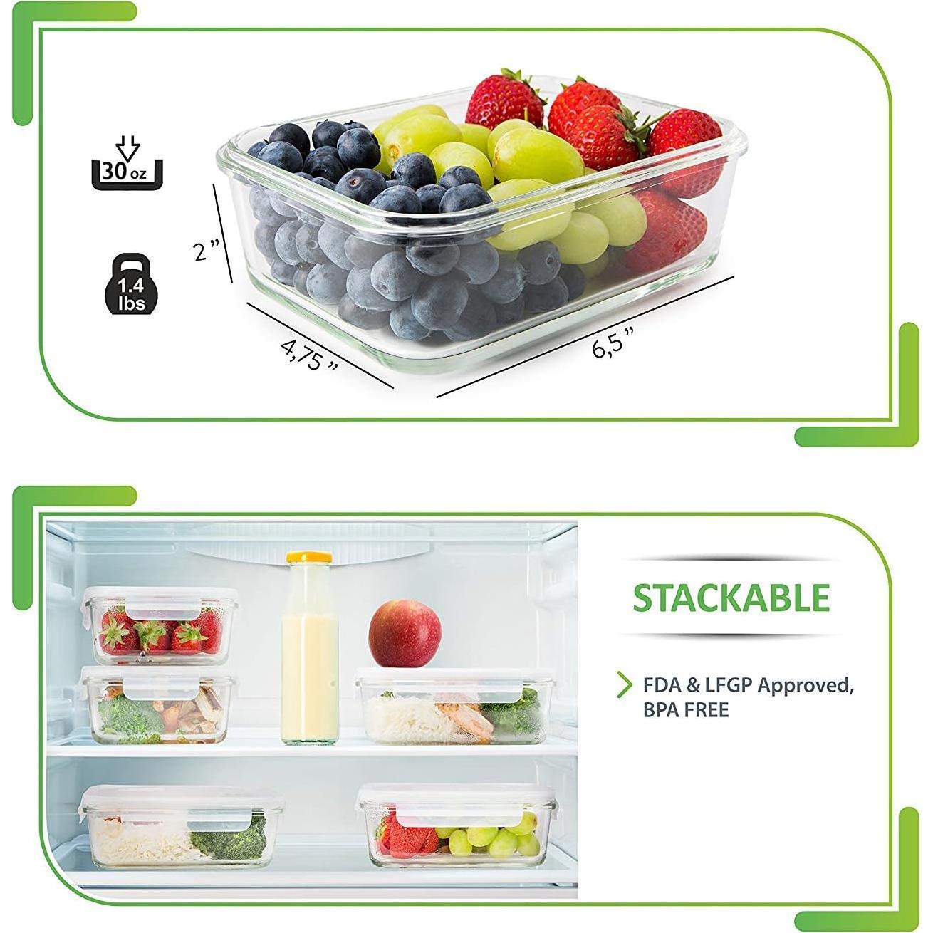 PrepNaturals 5 Contenedores de Vidrio 850ml A Prueba de Fugas