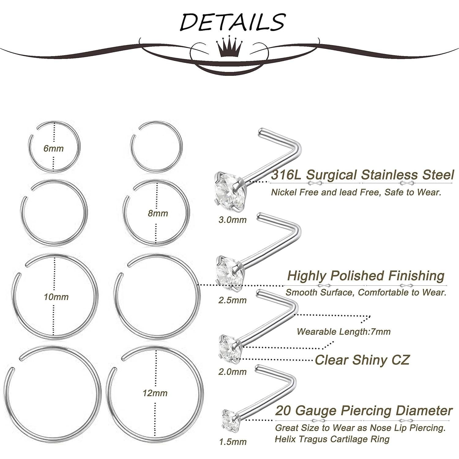 Anillos de Nariz 12 Pcs Masedy Acero Inoxidable 316L 6-12 mm