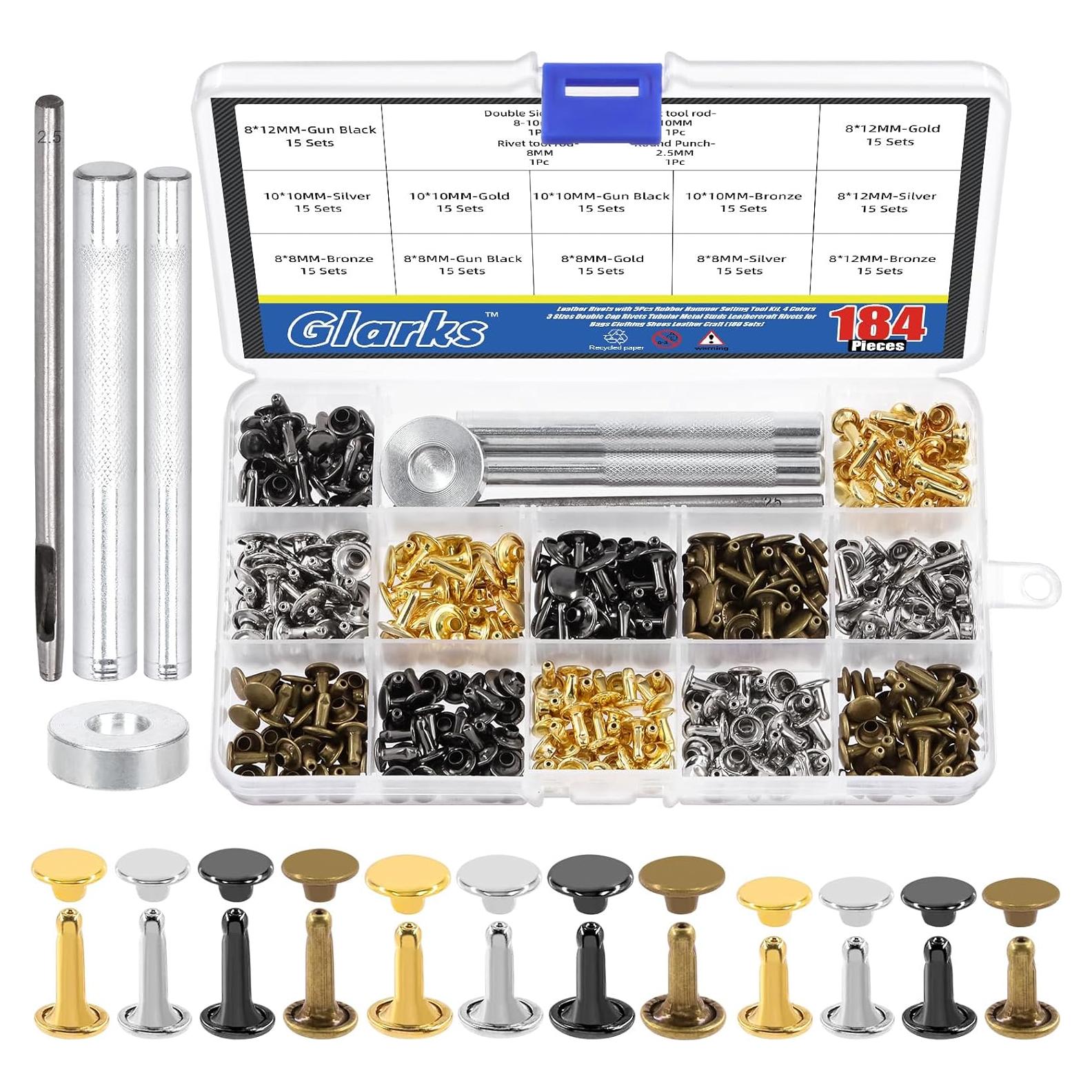 Kit de Remaches de Cuero Glarks 180 Piezas 4 Colores 3 Tamaños