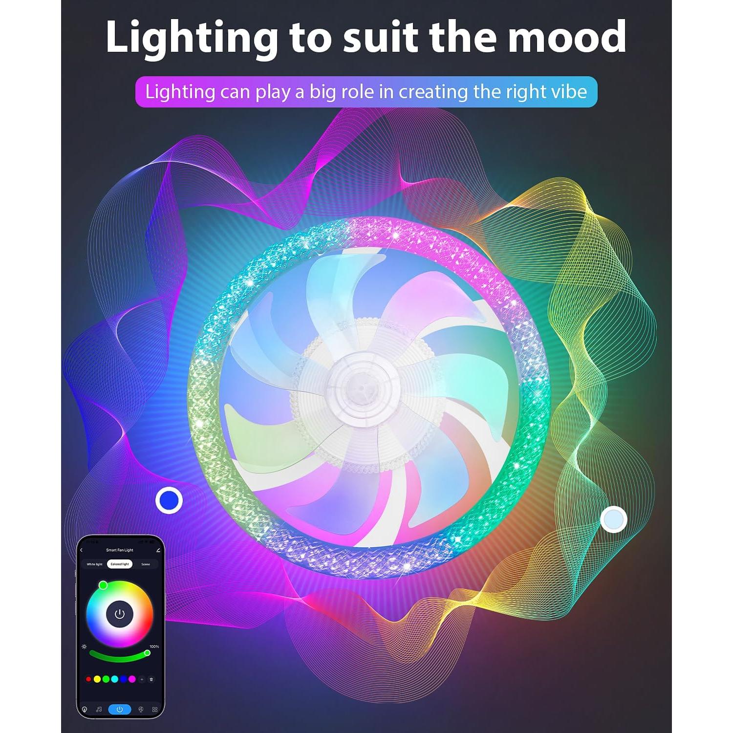 Ventilador de Techo Inteligente Vookea 20" con Luz RGB y Control Remoto