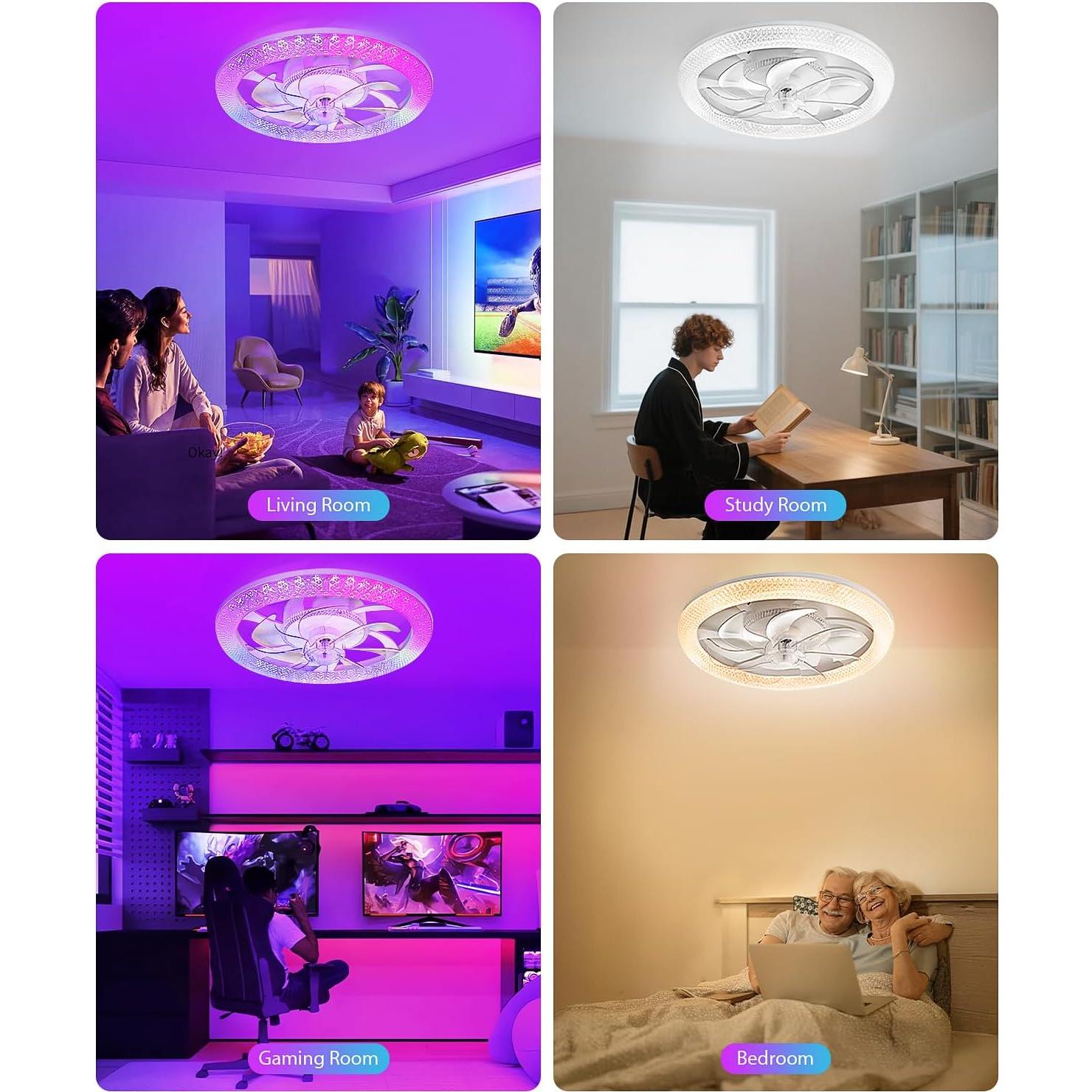 Ventilador de Techo Inteligente Vookea 20" con Luz RGB y Control Remoto