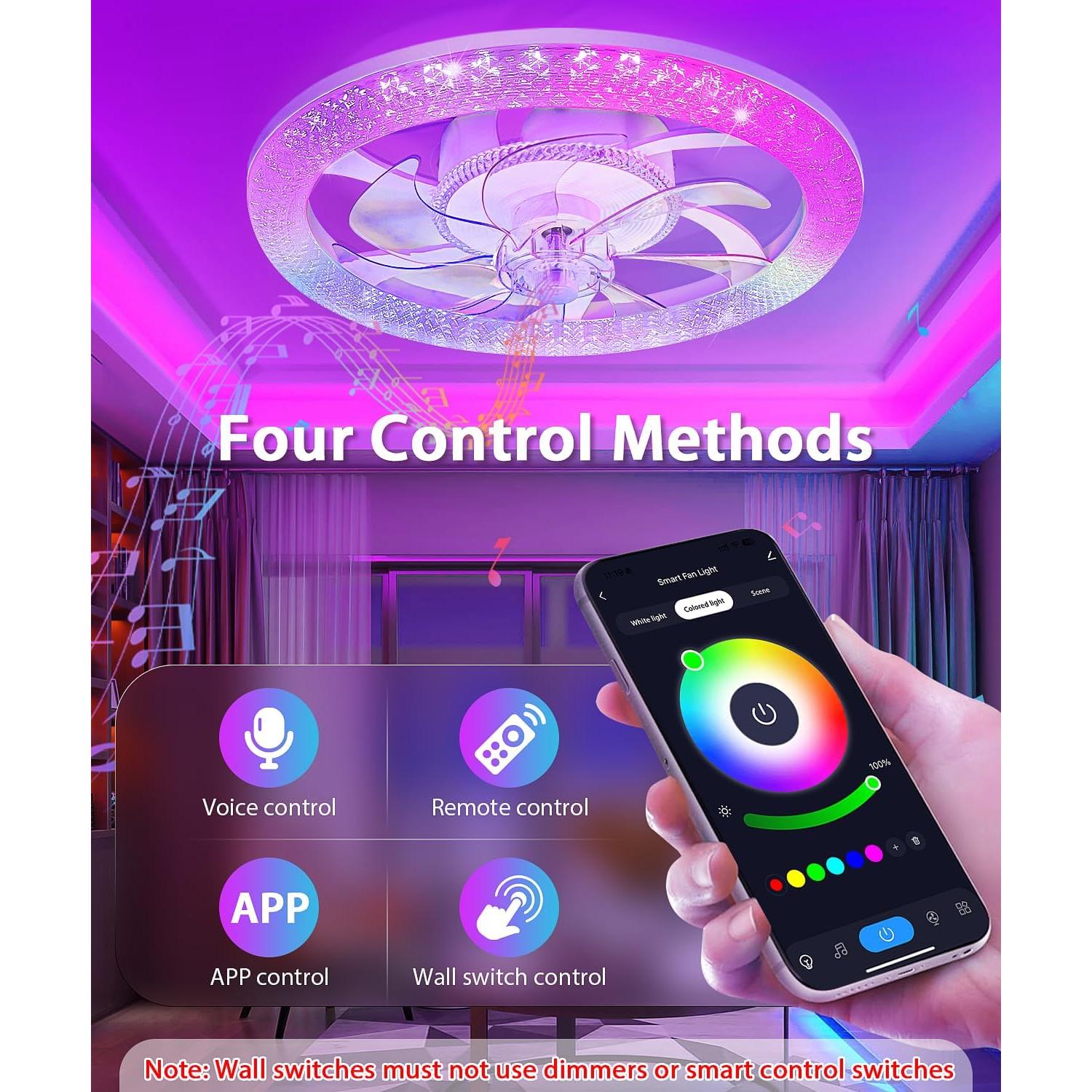 Ventilador de Techo Inteligente Vookea 20" con Luz RGB y Control Remoto