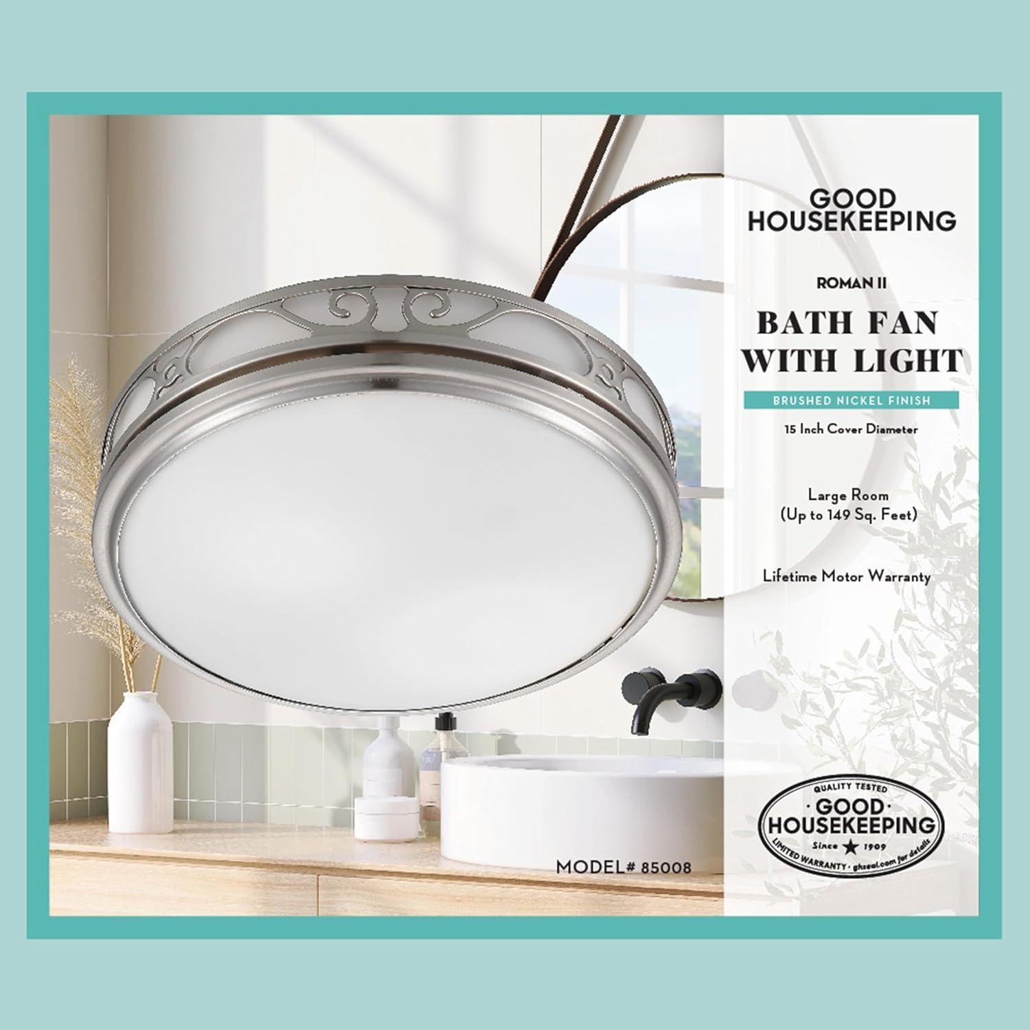 Good Housekeeping (85008 Roman II Decorative 110 CFM 2.0 Sones Bathroom Ventilation Exhaust Fan with Light, Brushed Nickel (2 LED Bulbs Included)