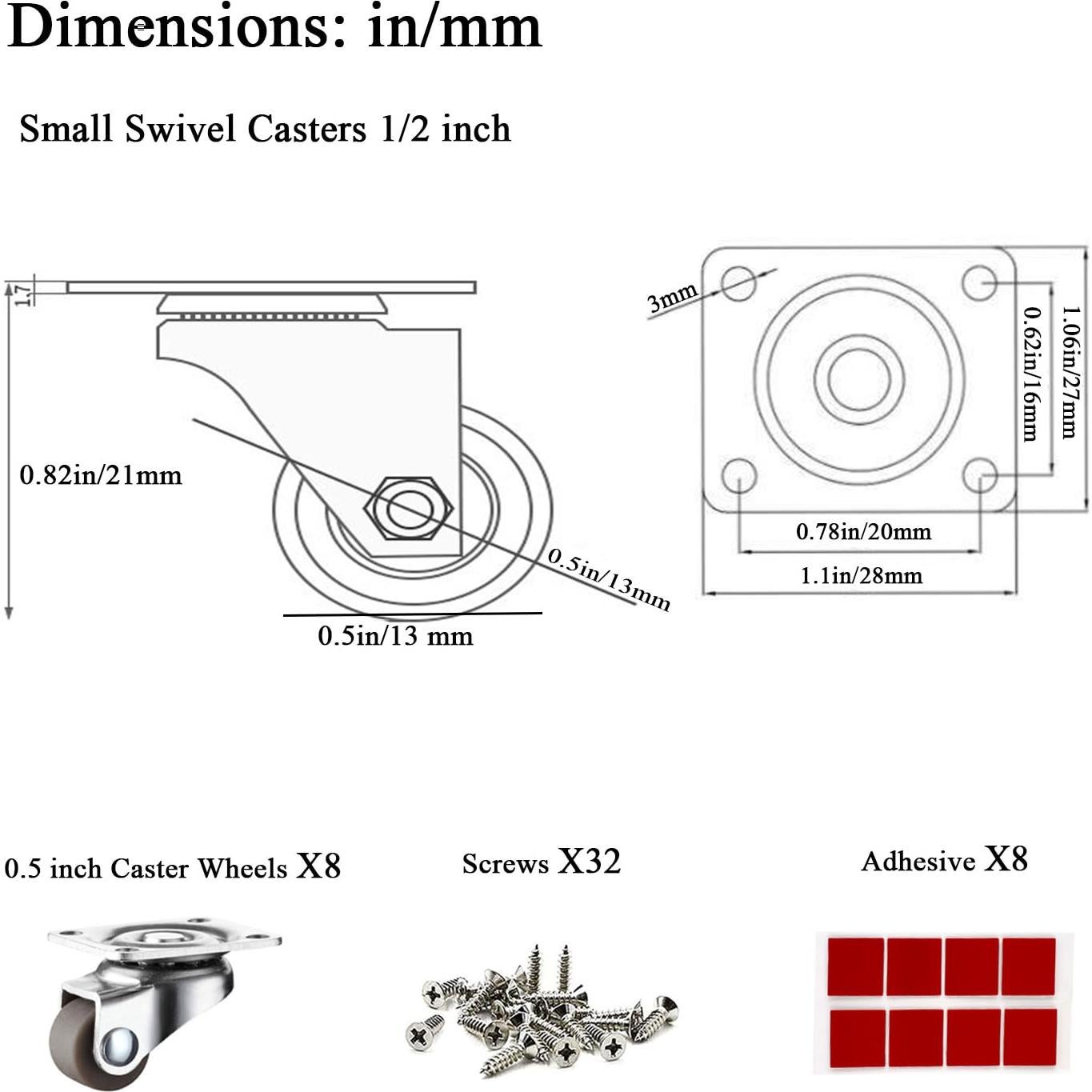 Ruedas Giratorias Mini Luxinika 13 mm Adhesivas 8 Piezas