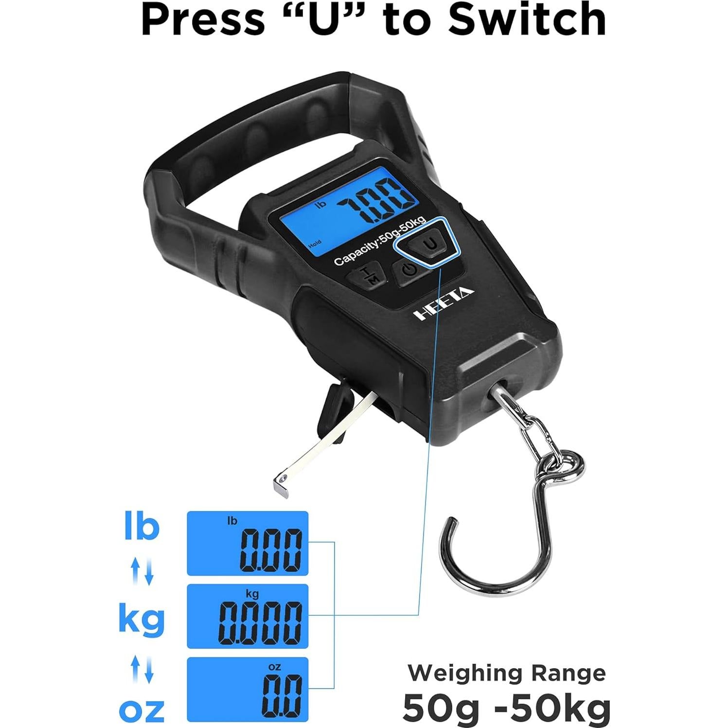 Balanza de Pescado Digital HEETA Impermeable 50kg con Cinta Métrica