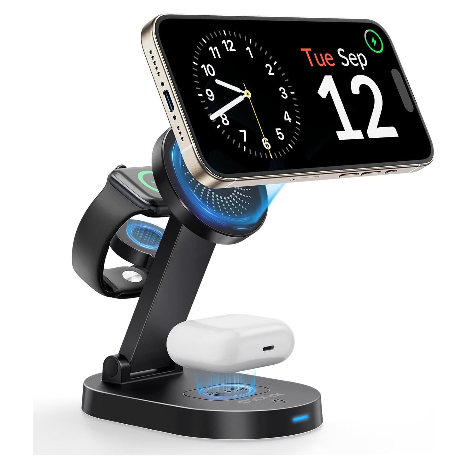 Cargador Inalámbrico 3 en 1 iDsonix Mag-Safe Negro para iPhone, iWatch y AirPods