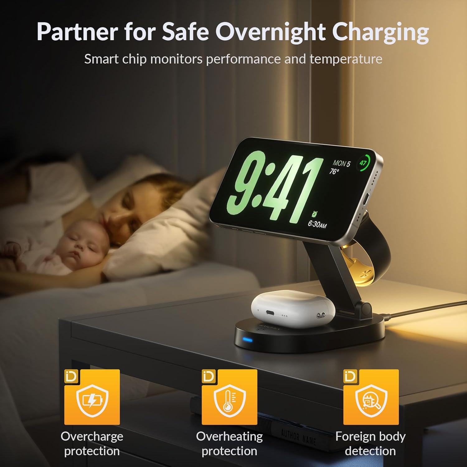 Cargador Inalámbrico 3 en 1 iDsonix Mag-Safe Negro para iPhone, iWatch y AirPods