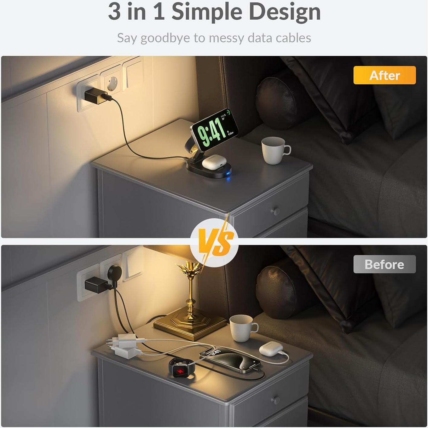 Cargador Inalámbrico 3 en 1 iDsonix Mag-Safe Negro para iPhone, iWatch y AirPods