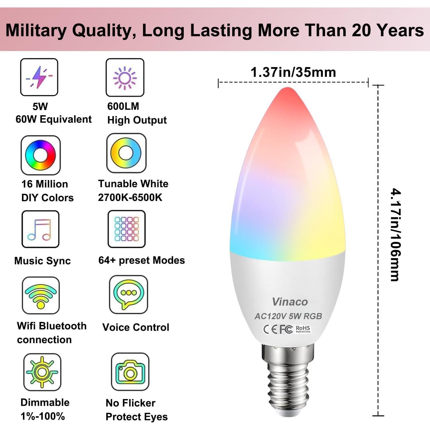 Bombilla LED Inteligente Vinaco E12 5W RGB WiFi Bluetooth - 2 Pzas