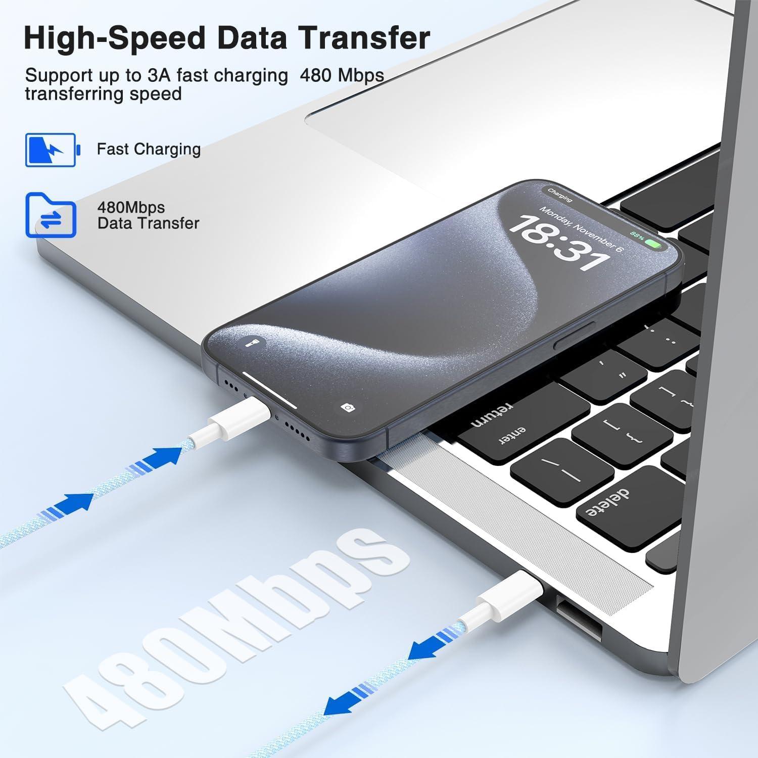 Cable USB C a C 10 pies Cabepow Carga Rápida Azul