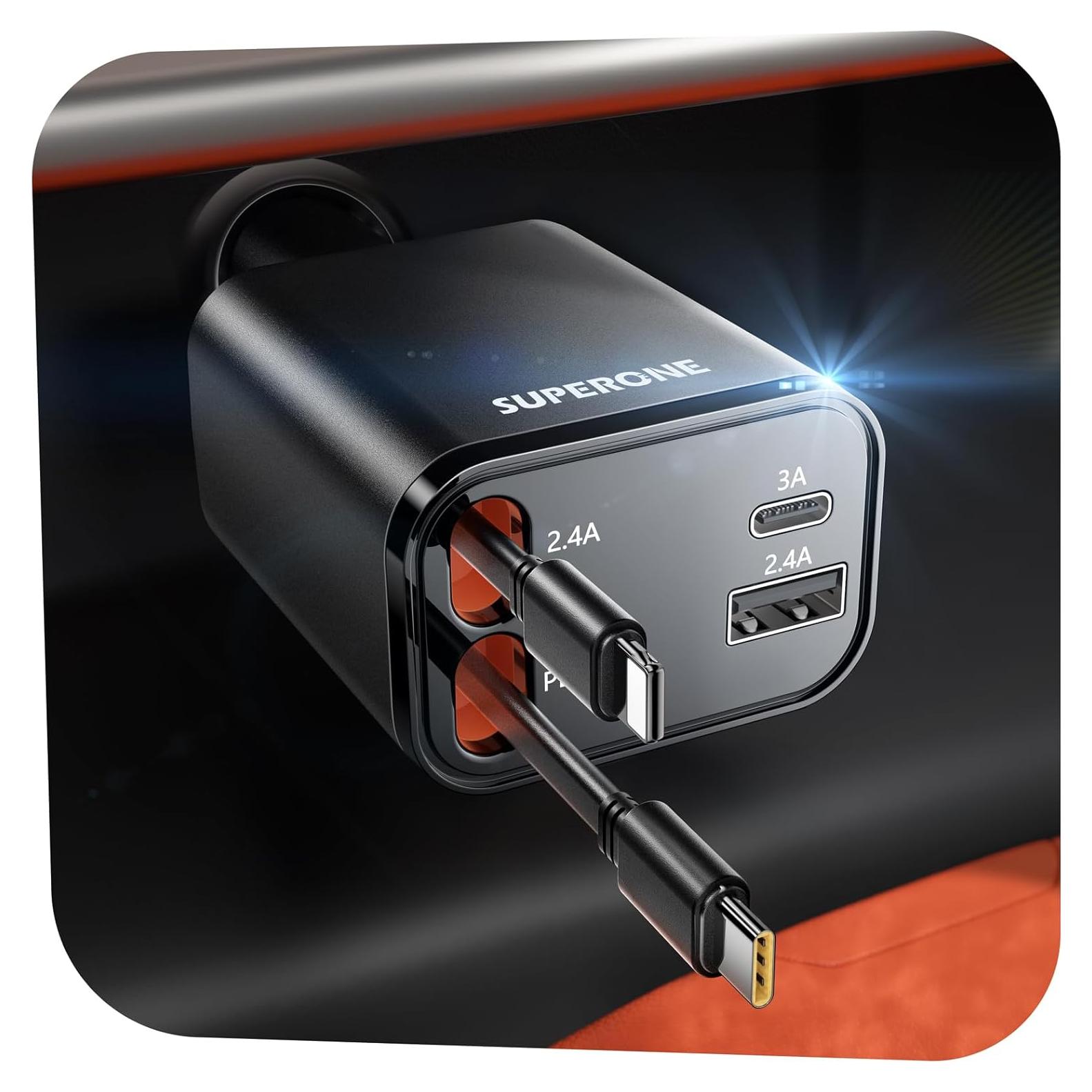 Cargador de Coche Retráctil SUPERONE 69W USB C Rápido Negro