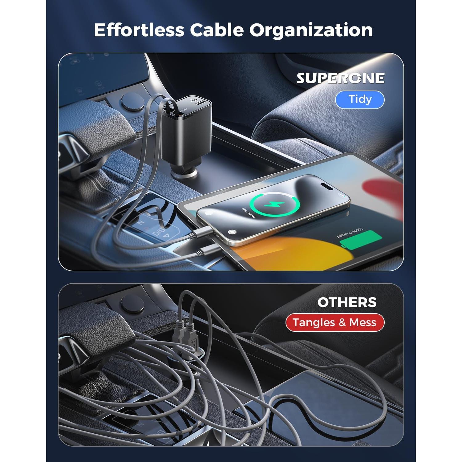 Cargador de Coche Retráctil SUPERONE 69W USB C Rápido Negro