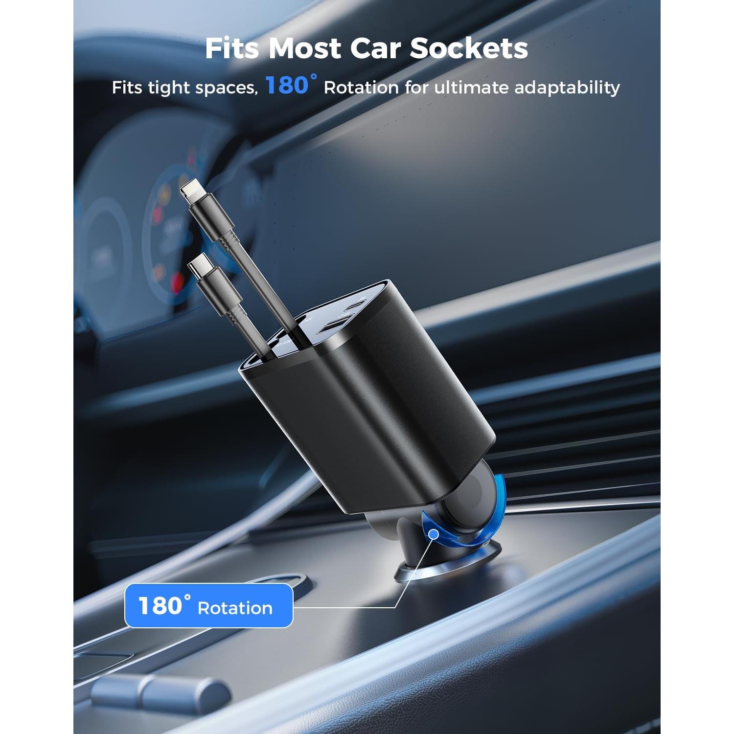 Cargador de Coche Retráctil SUPERONE 69W USB C Rápido Negro