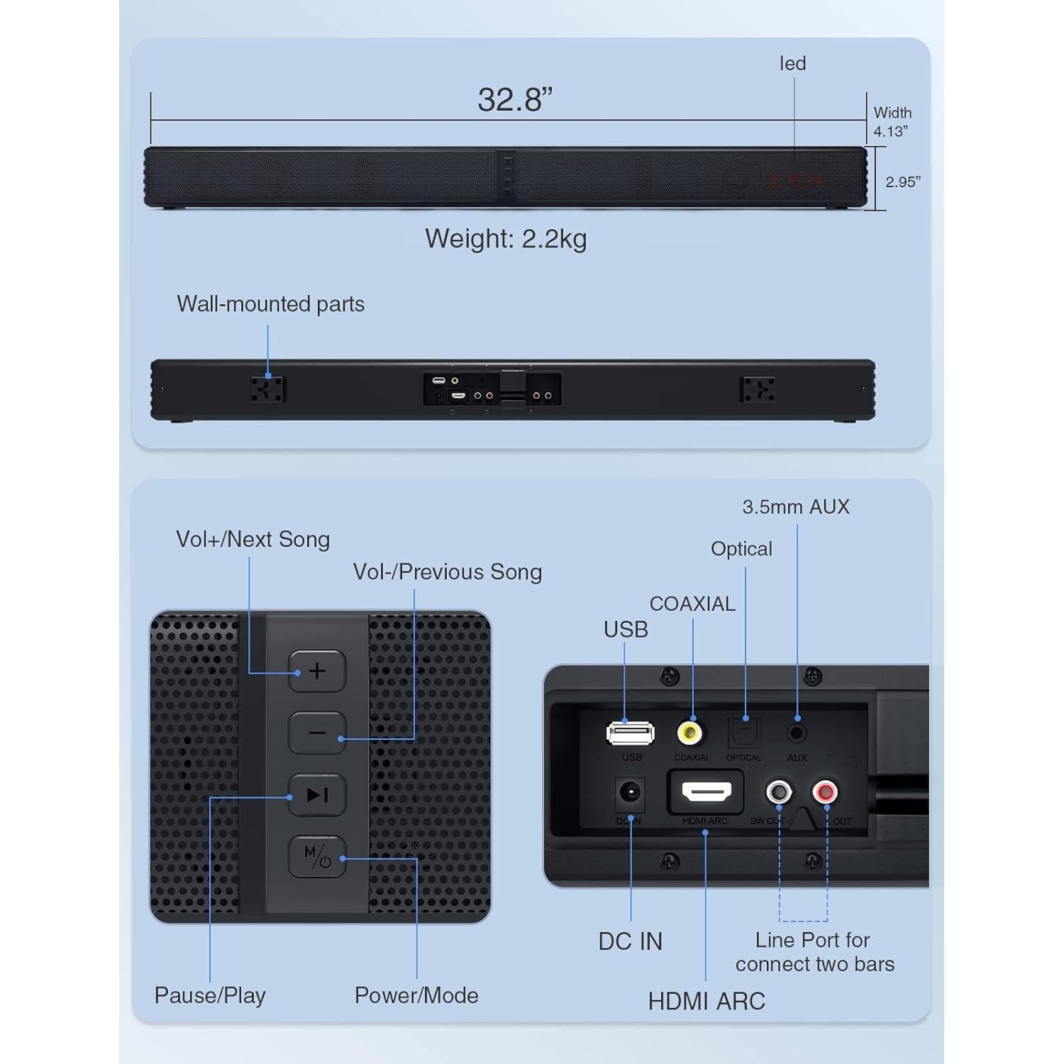 Barra de Sonido Puxinat 32" 2.2CH Bluetooth 5.0 con Subwoofer