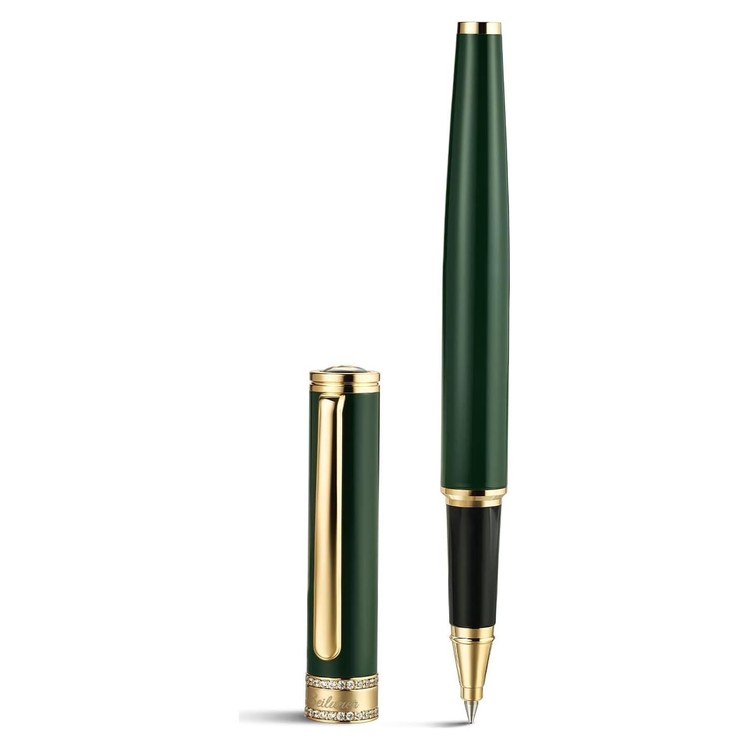 BEILUNER Green Lacquer Rollerball Pen, Diamond-Studded Cap Design, 24K Gold Trim, Noble and Elegant, Schneider Ink Refill, Best Pen Gift Set for Women & Men, Professional, Business Office, Nice Pens
