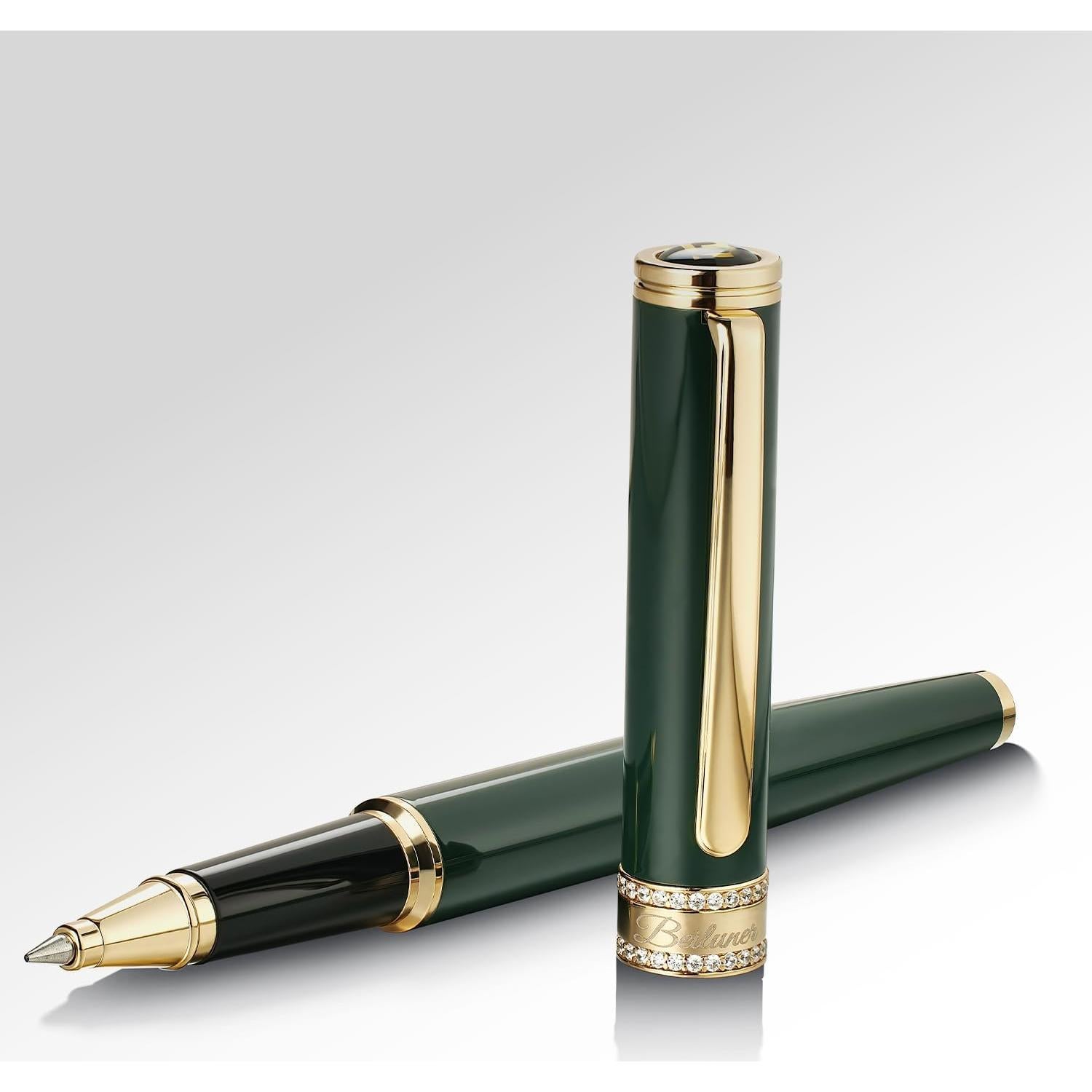 BEILUNER Green Lacquer Rollerball Pen, Diamond-Studded Cap Design, 24K Gold Trim, Noble and Elegant, Schneider Ink Refill, Best Pen Gift Set for Women & Men, Professional, Business Office, Nice Pens