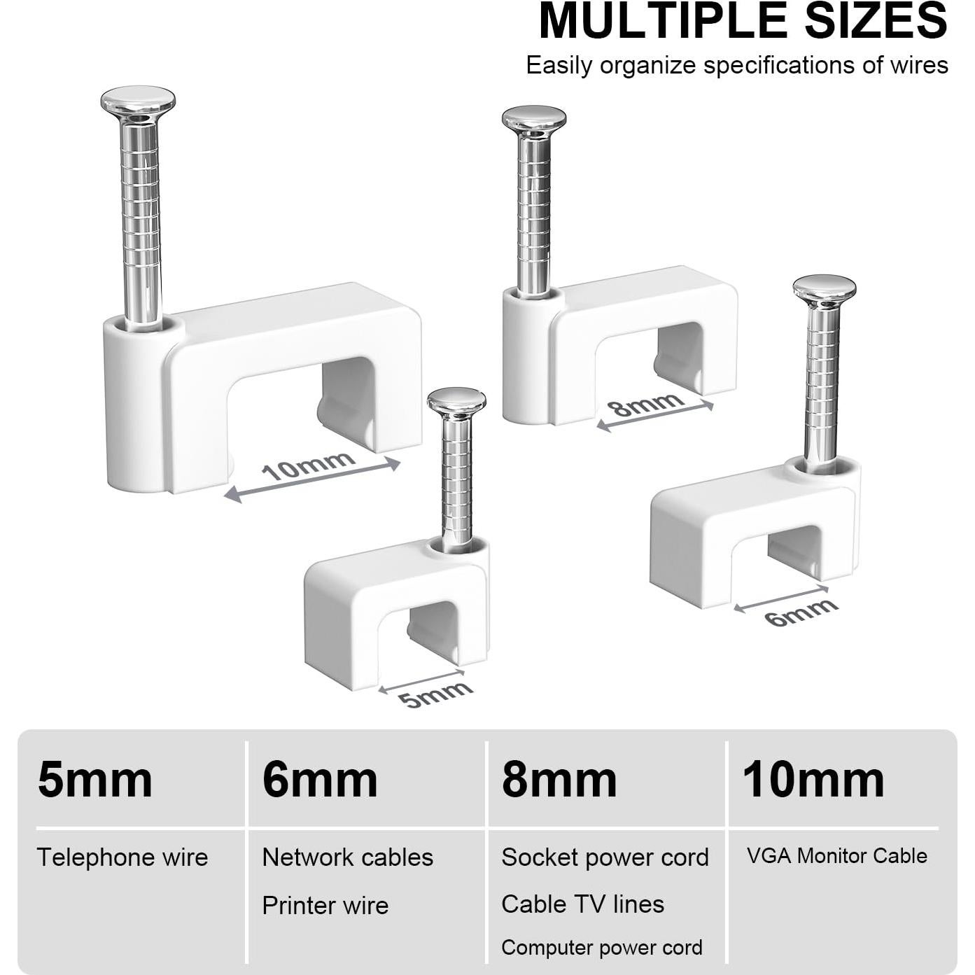 Clips para Cables Jadaol - 400 Piezas, 4 Tamaños, Blanco