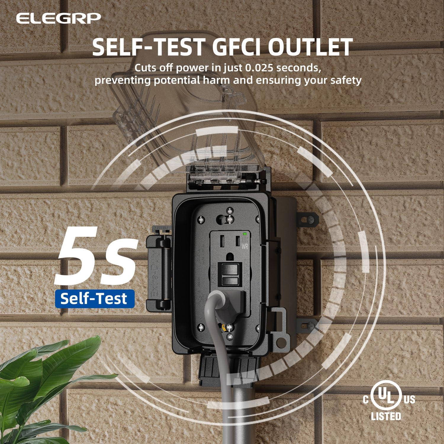 Toma de Corriente GFCI Exterior ELEGRP 15A con Cubierta Negra