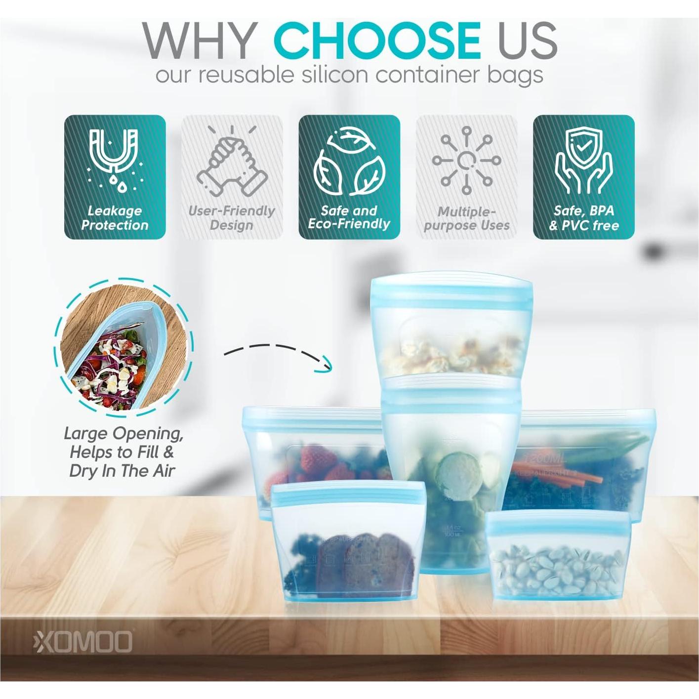 Bolsa de Silicona Reutilizable Xomoo 6 Pcs 600ml Azul