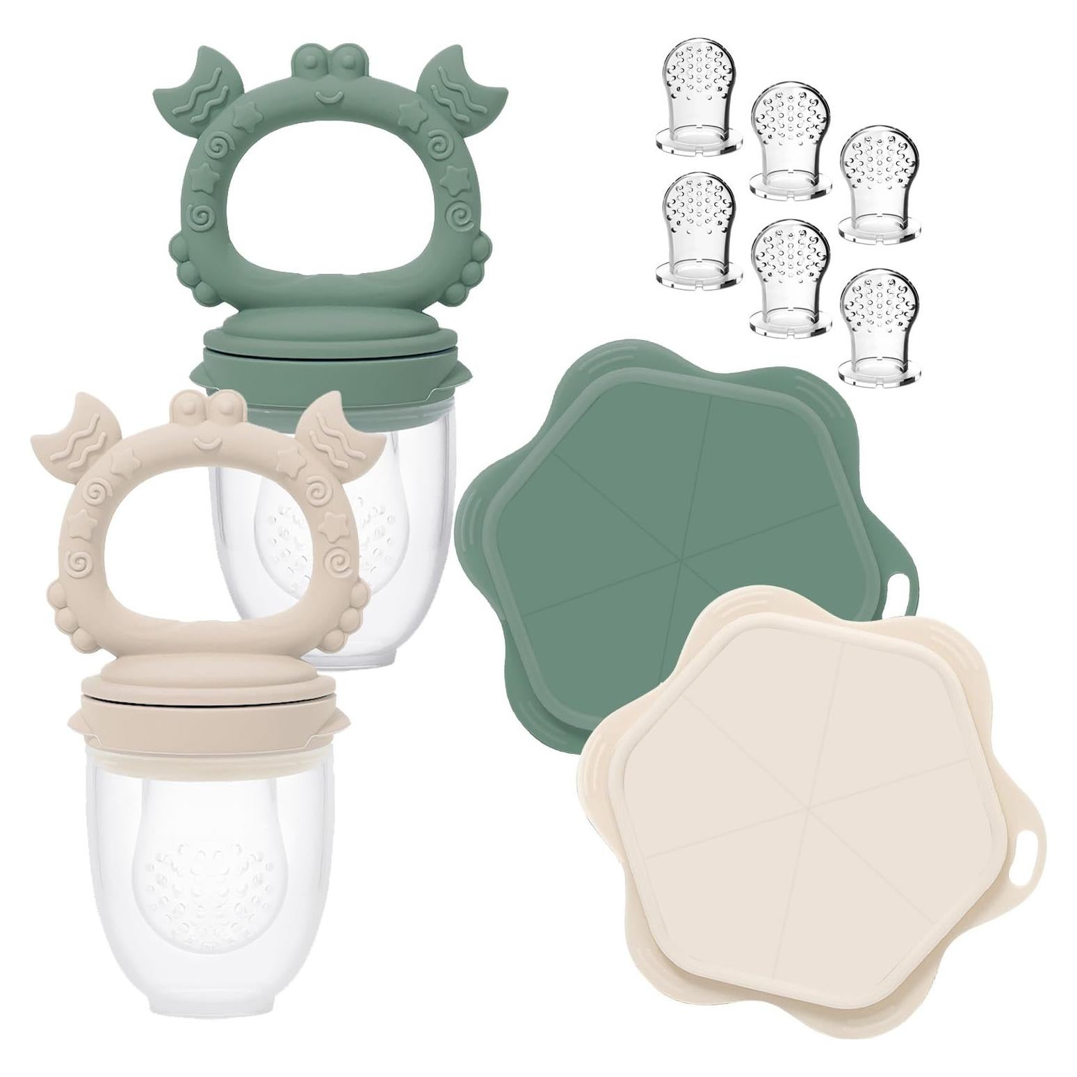 Ginbear Baby Fruit Food Feeder & Popsicle Molds Combo (Set of 2), Silicone Teething Feeders with Freezer Tray for Infants 4 Months+ (Dark Sage/Ivory)