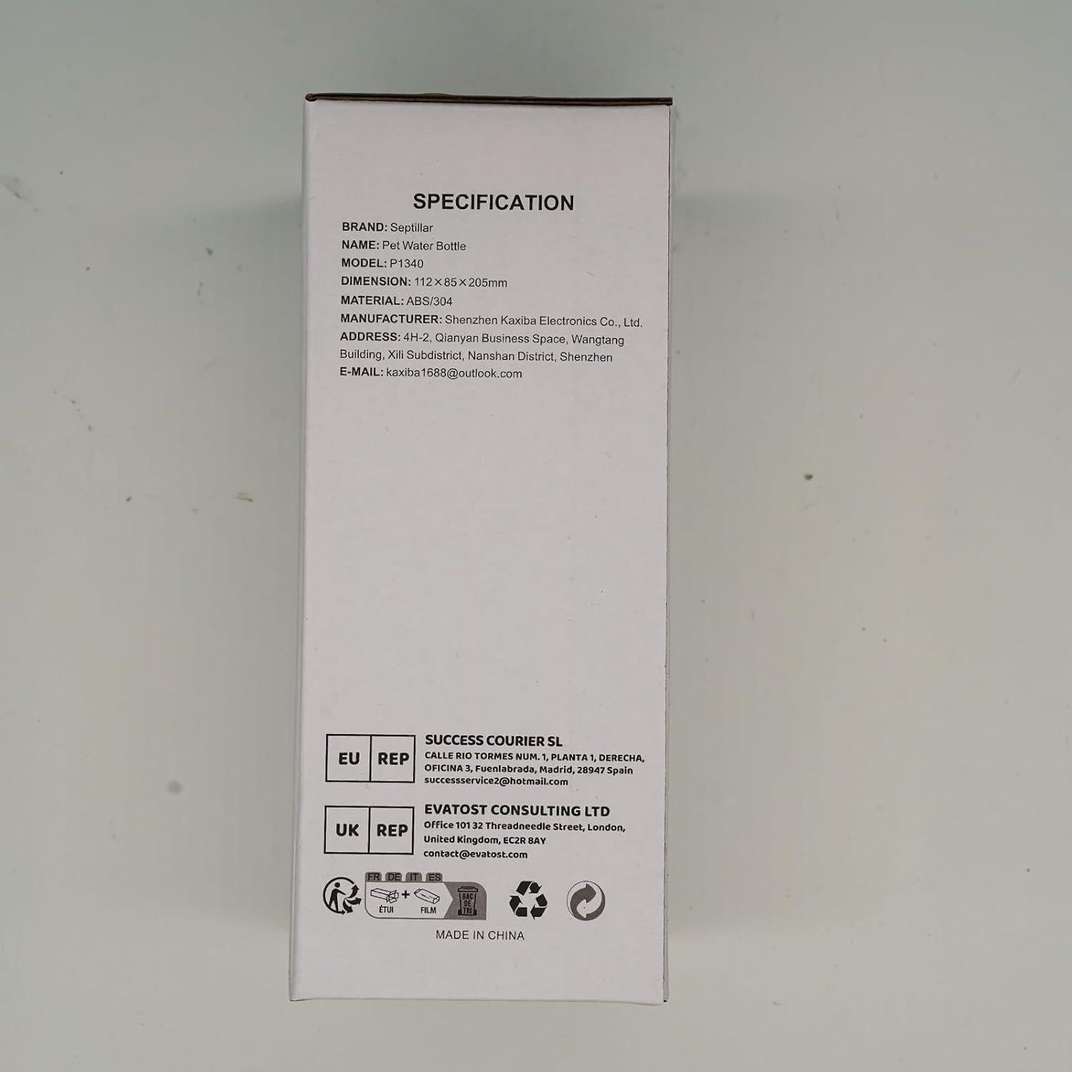 Botella de Agua para Mascotas Septillar 500ml Gris Libre de BPA