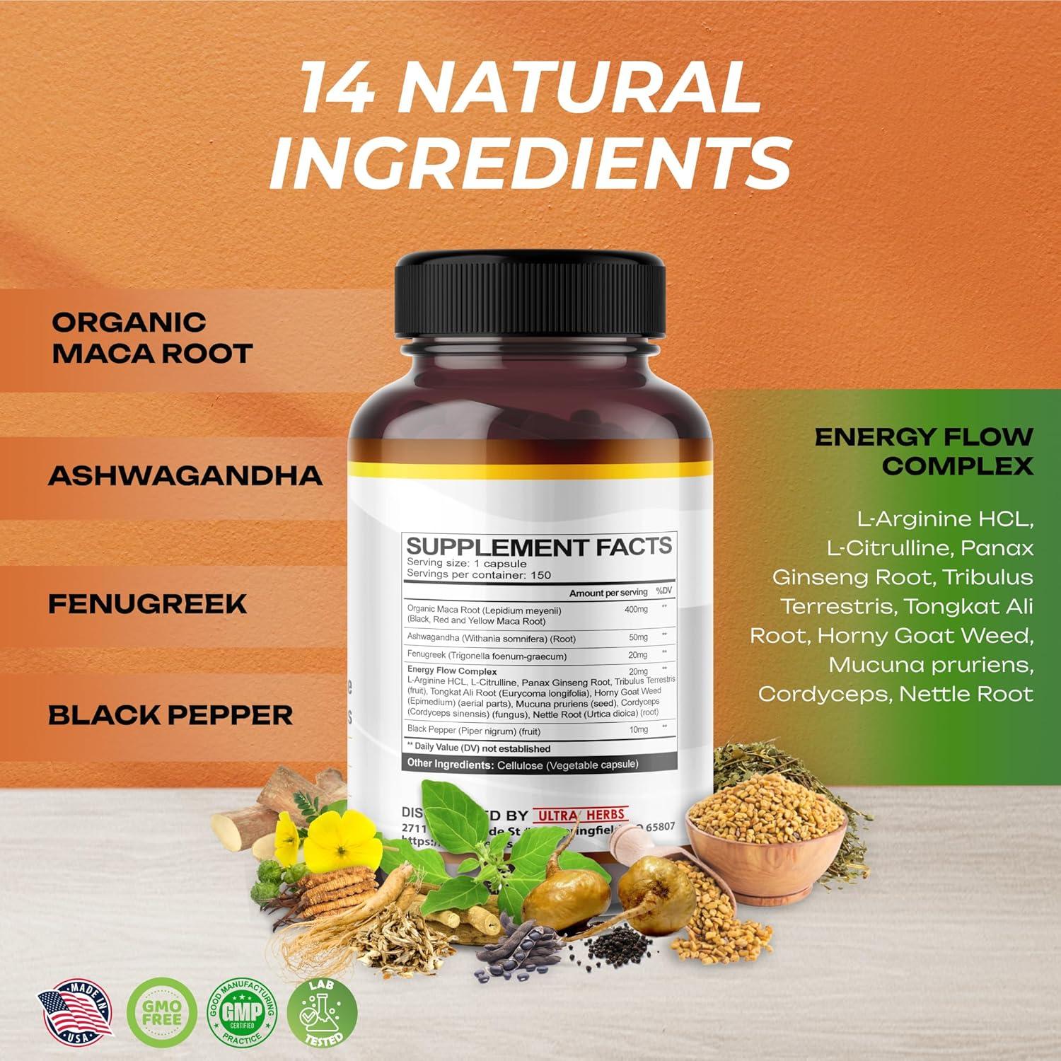 Cápsulas de Raíz de Maca Orgánica Ultra Herbs 150 Unidades