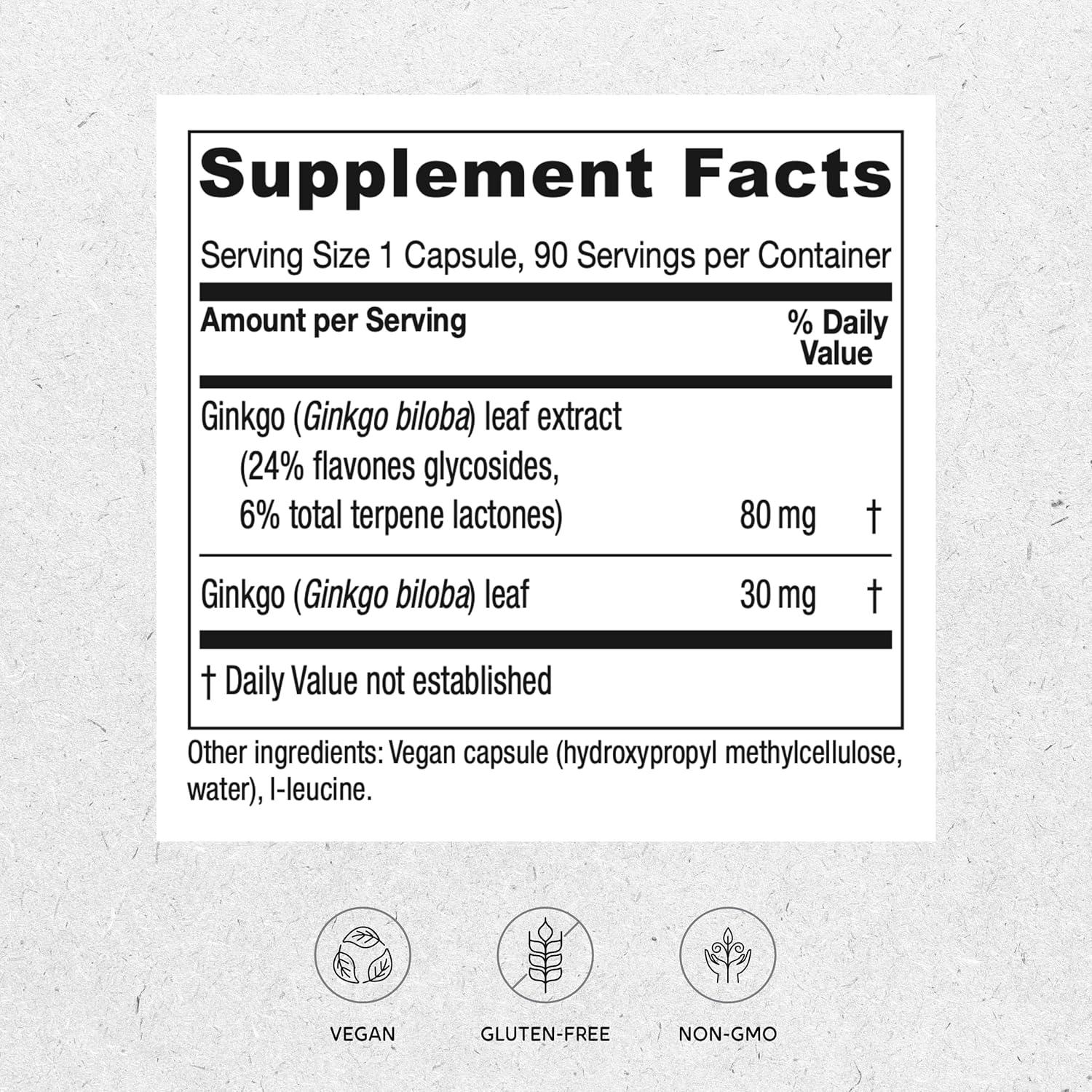 Suplemento Ginkgo Vitanica - Salud Cerebral y Circulación - 90 Cápsulas