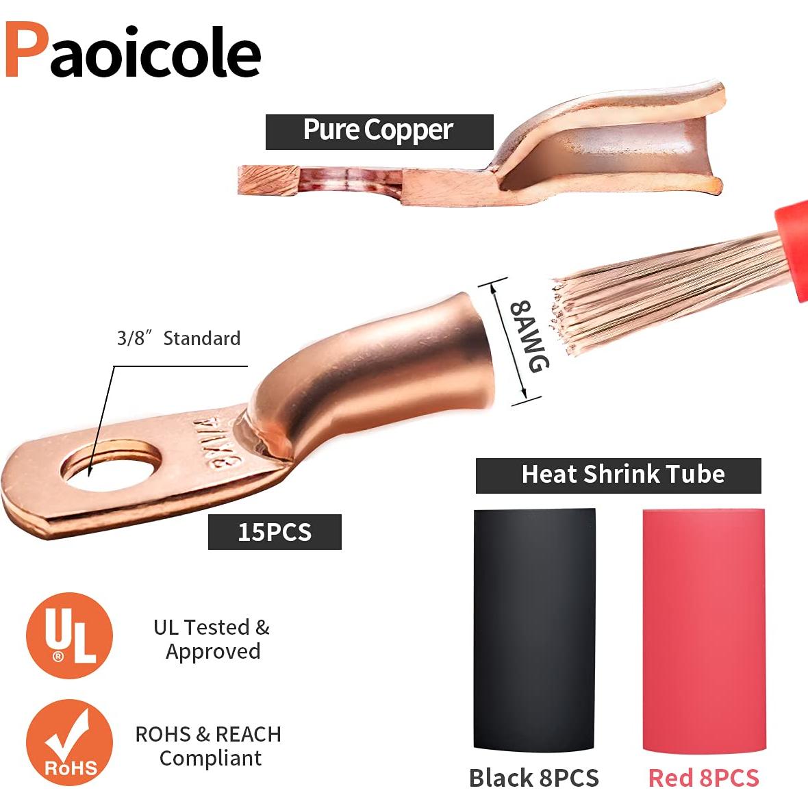 Conectores de Terminal de Batería Paoicole 8 AWG 15 Piezas