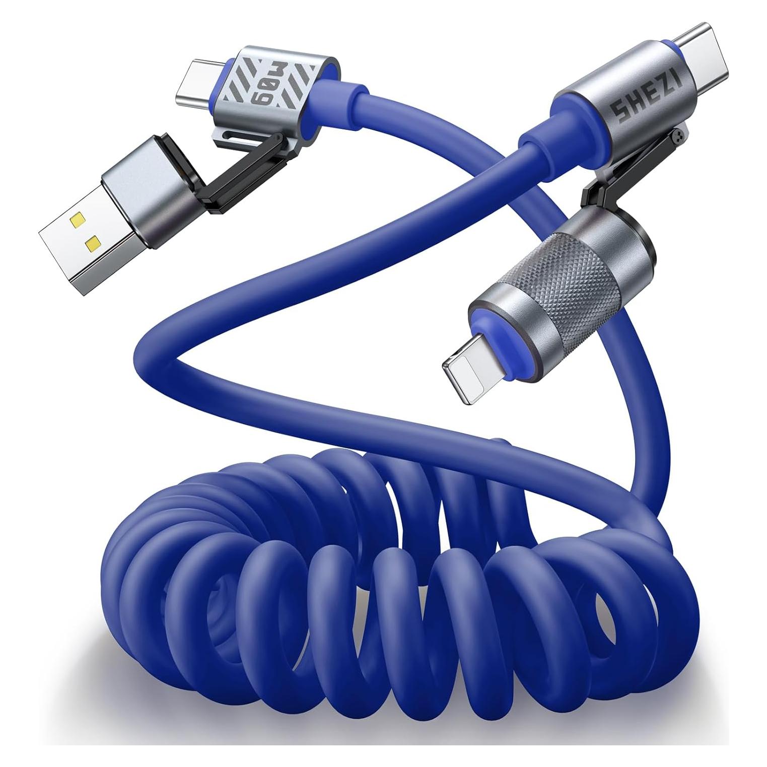 Cable USB C Enrollado Vexipia 60W 4-en-1 para Coche Azul