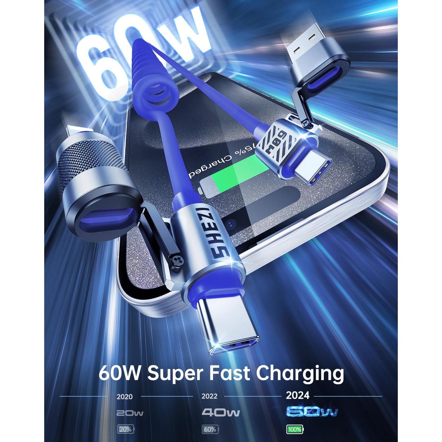 Cable USB C Enrollado Vexipia 60W 4-en-1 para Coche Azul