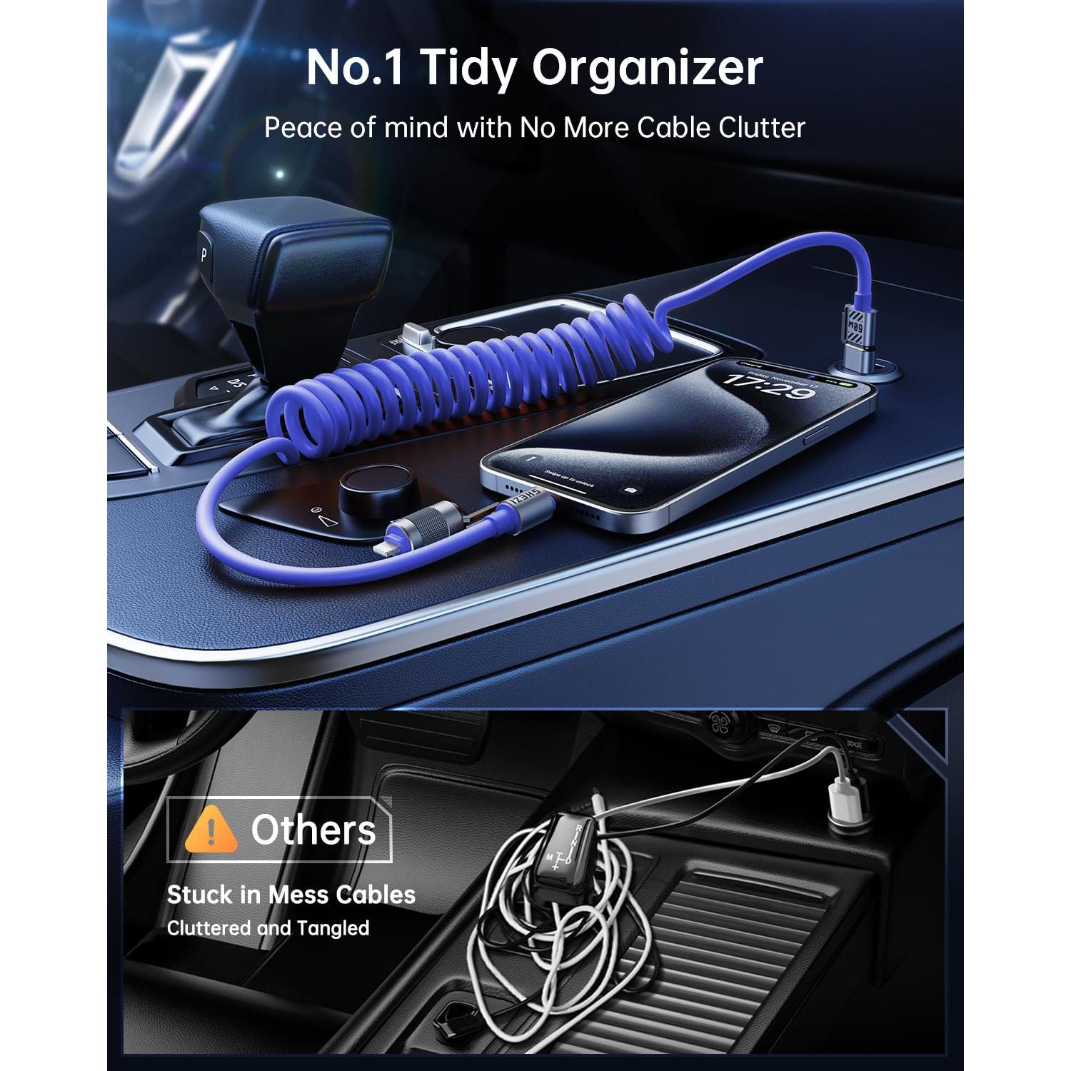 Cable USB C Enrollado Vexipia 60W 4-en-1 para Coche Azul