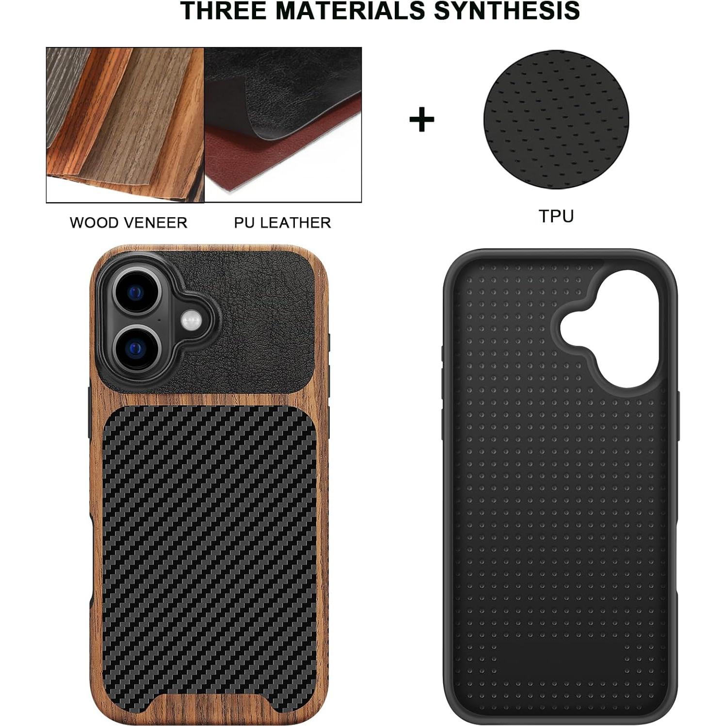 Funda TENDLIN para iPhone 16 Grano de Madera y TPU Negro