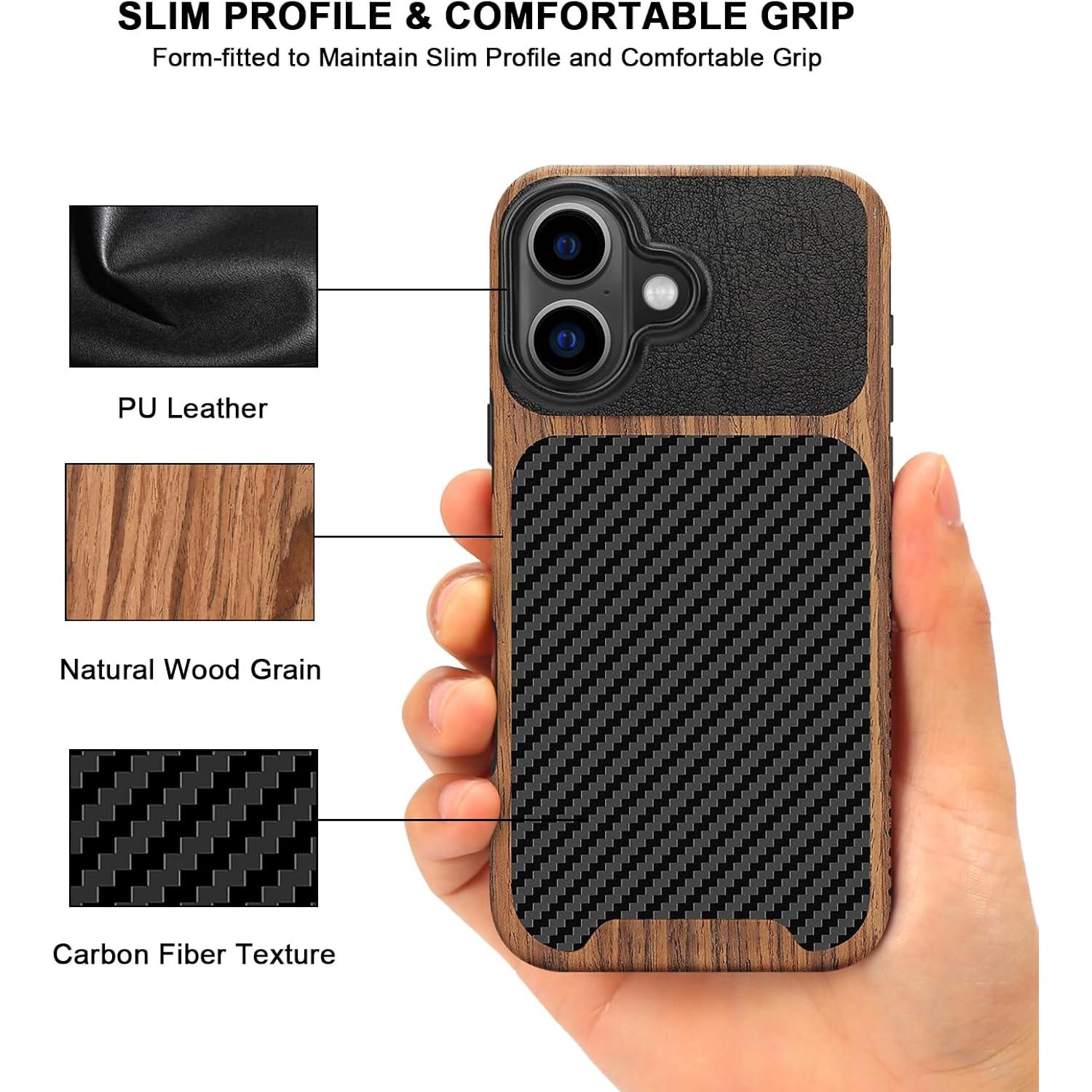 Funda TENDLIN para iPhone 16 Grano de Madera y TPU Negro