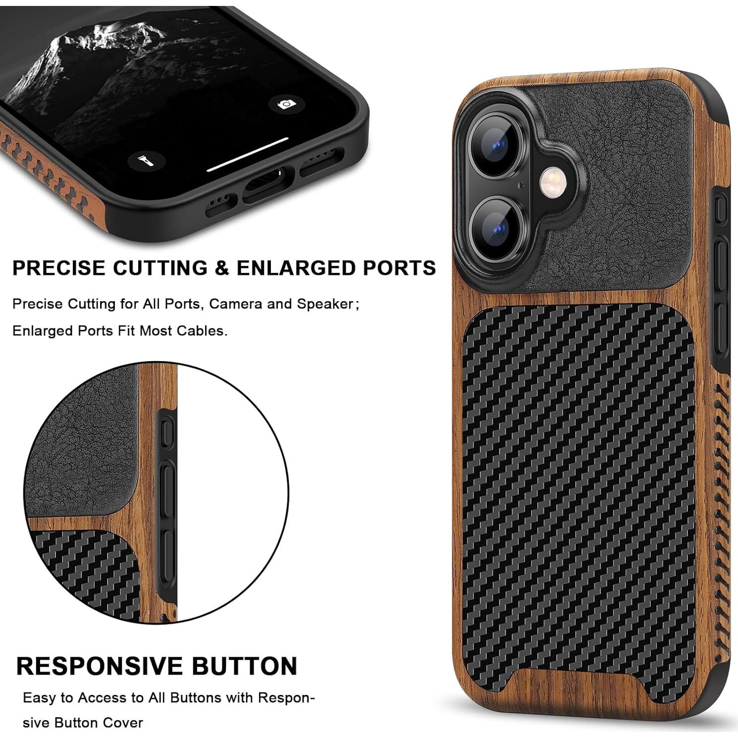 Funda TENDLIN para iPhone 16 Grano de Madera y TPU Negro