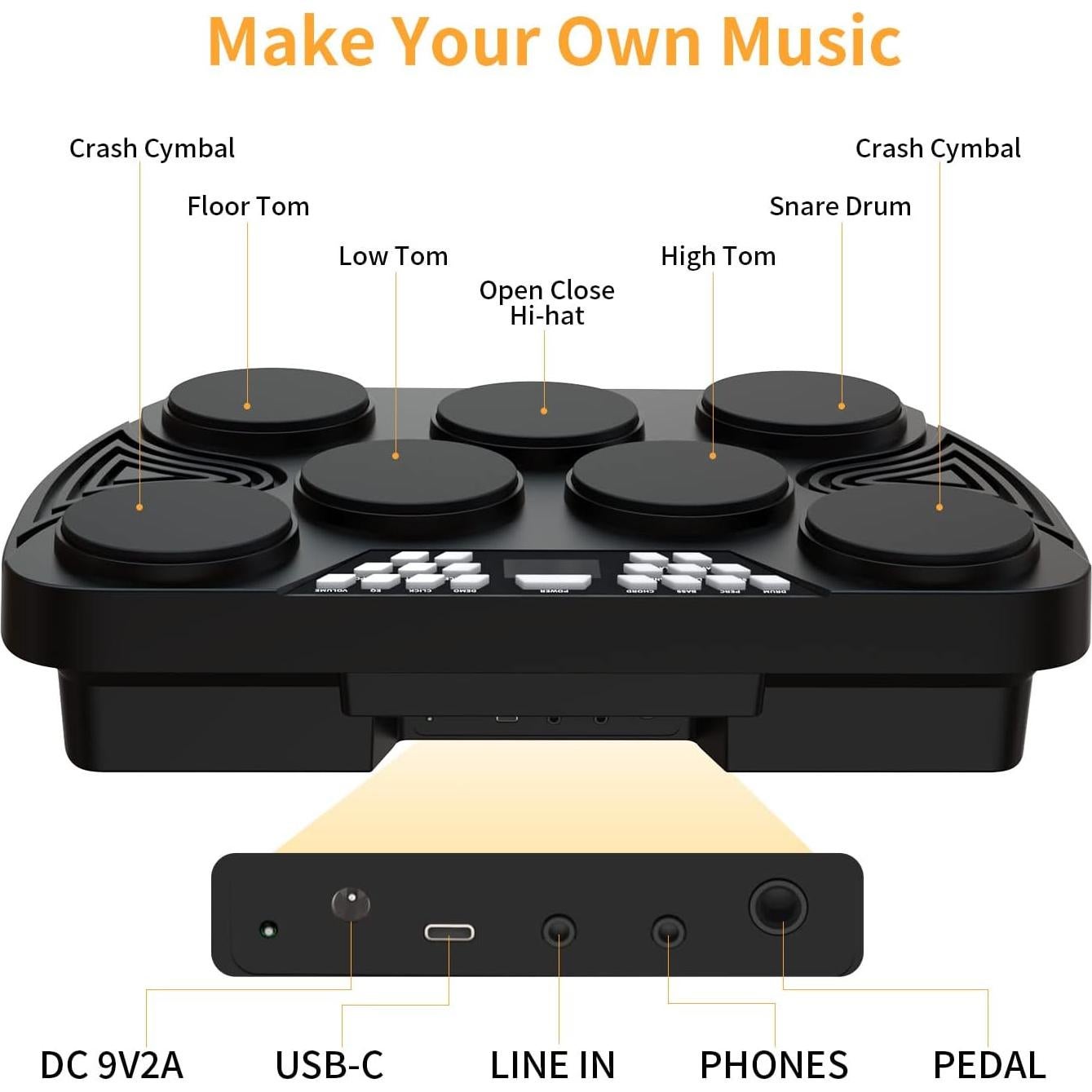 KONIX Batería Electrónica Portátil 7 Pads y 2 Pedales