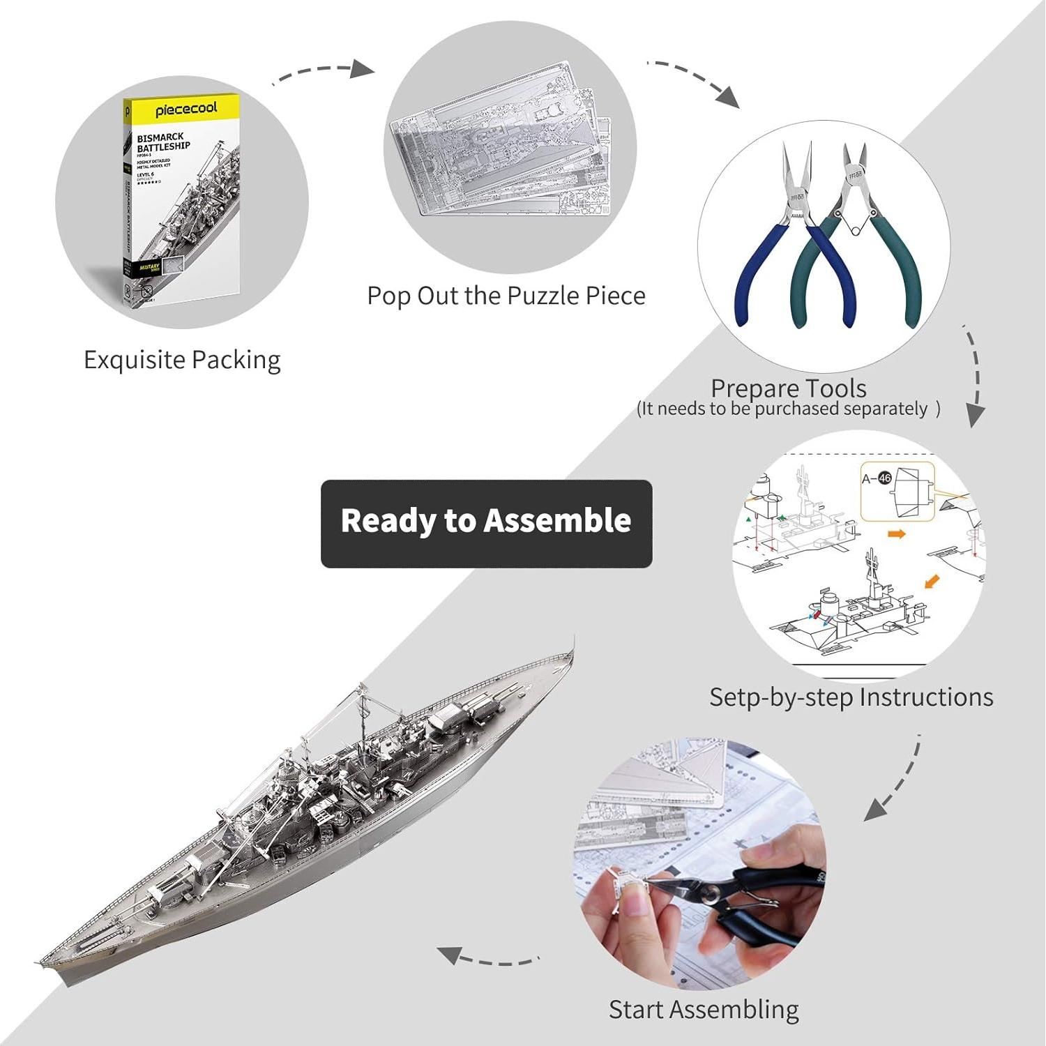 Rompecabezas 3D de Metal Piececool Acorazado Bismarck 207 Pcs