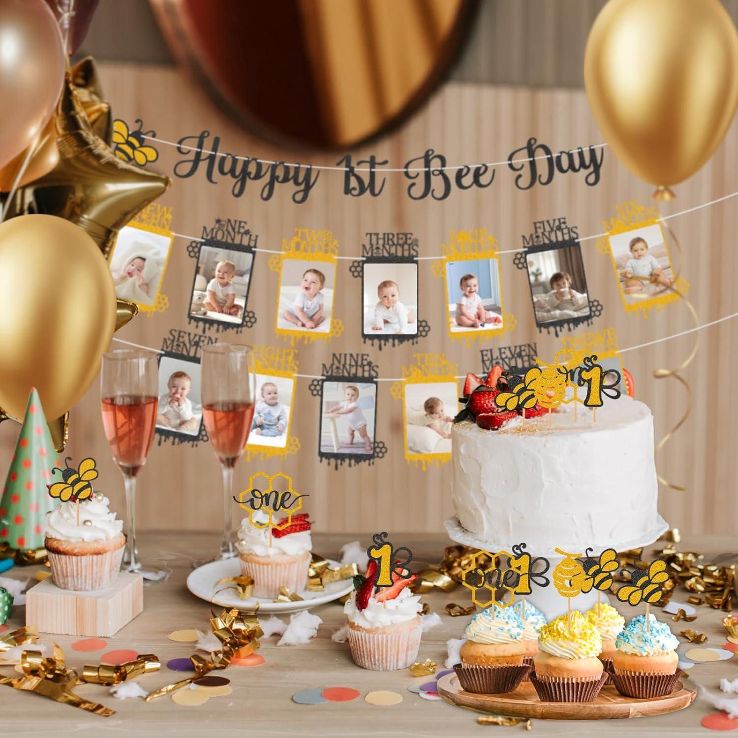 Conjunto de Banners de Foto 1er Cumpleaños Abeja Feliz