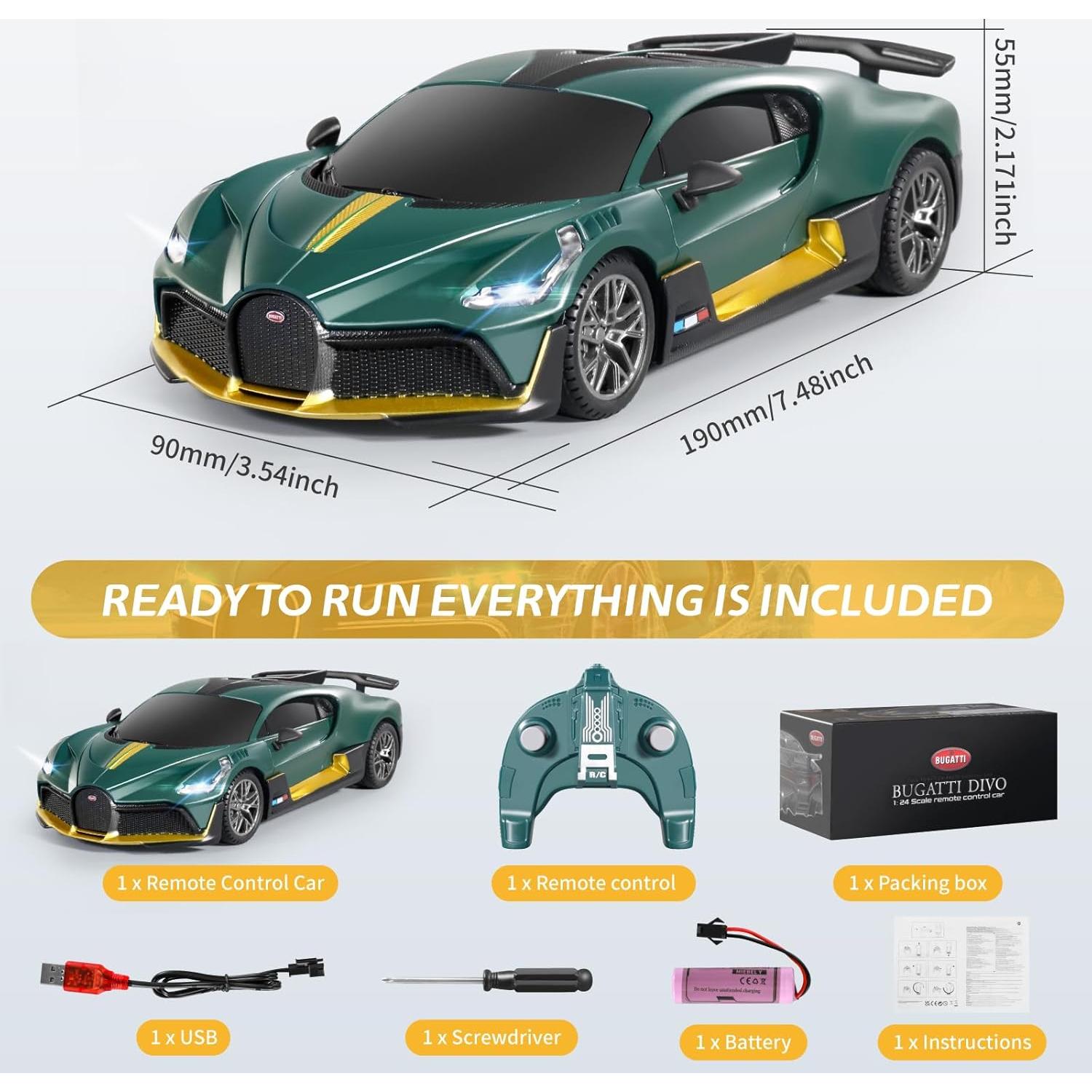 MIEBELY Coche RC Bugatti Divo Escala 1/24 con Faro