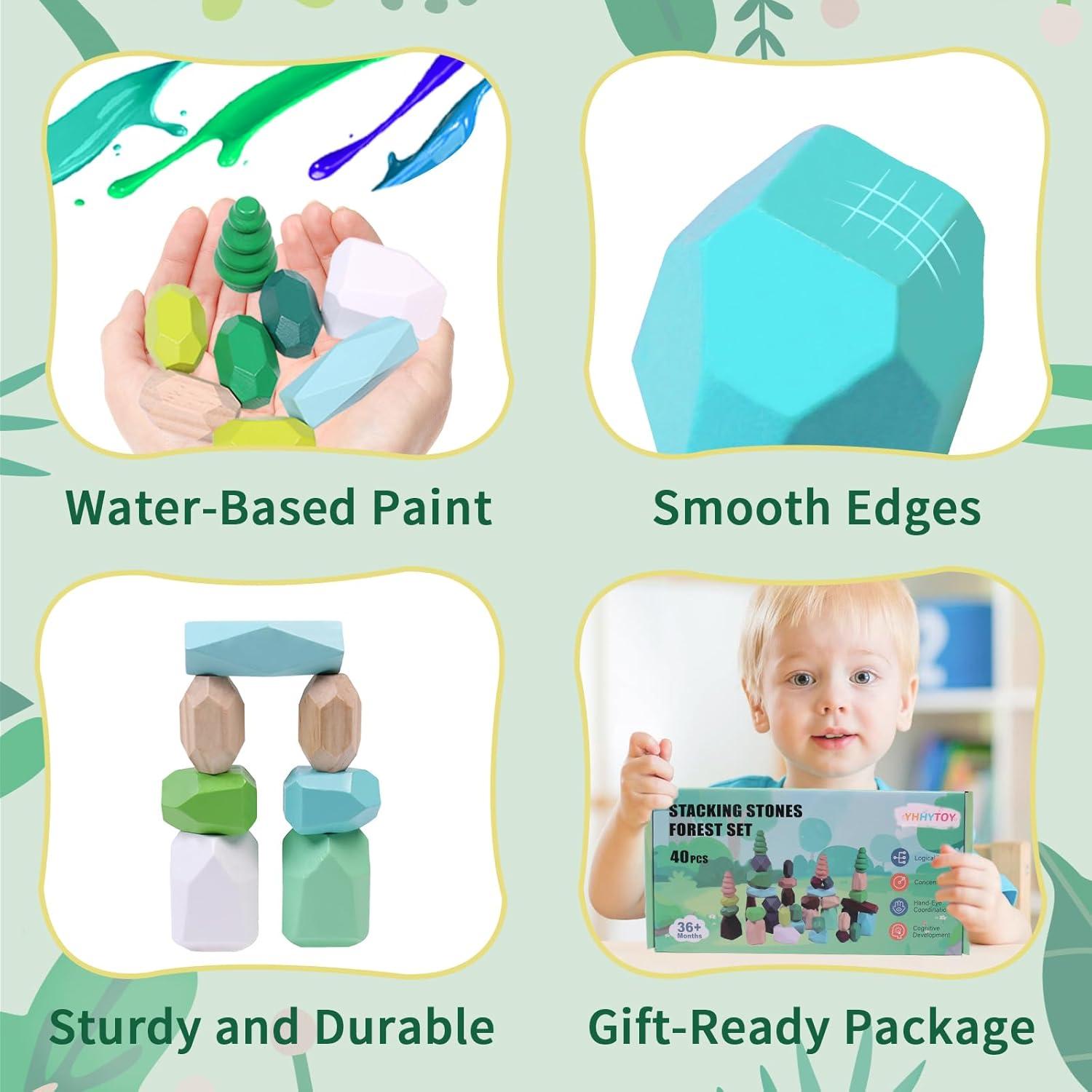 40 PCS Bloques de Construcción de Madera YHHYToy Tema Bosque