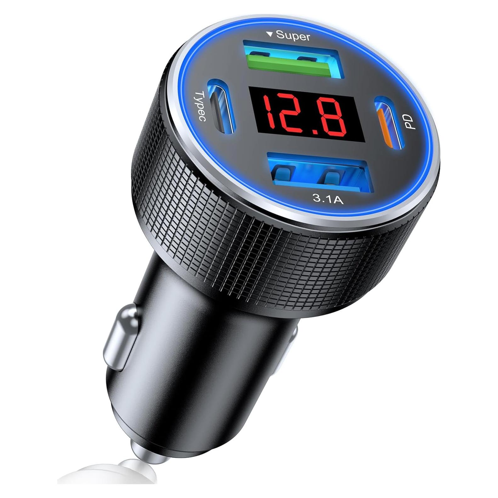 Cargador de coche USB C 4 Puertos 78W Rápido con Voltímetro