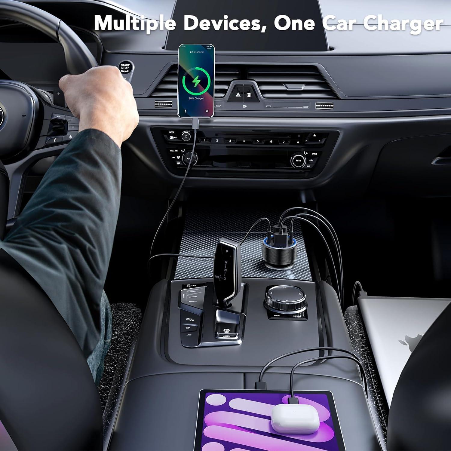 Cargador de coche USB C 4 Puertos 78W Rápido con Voltímetro