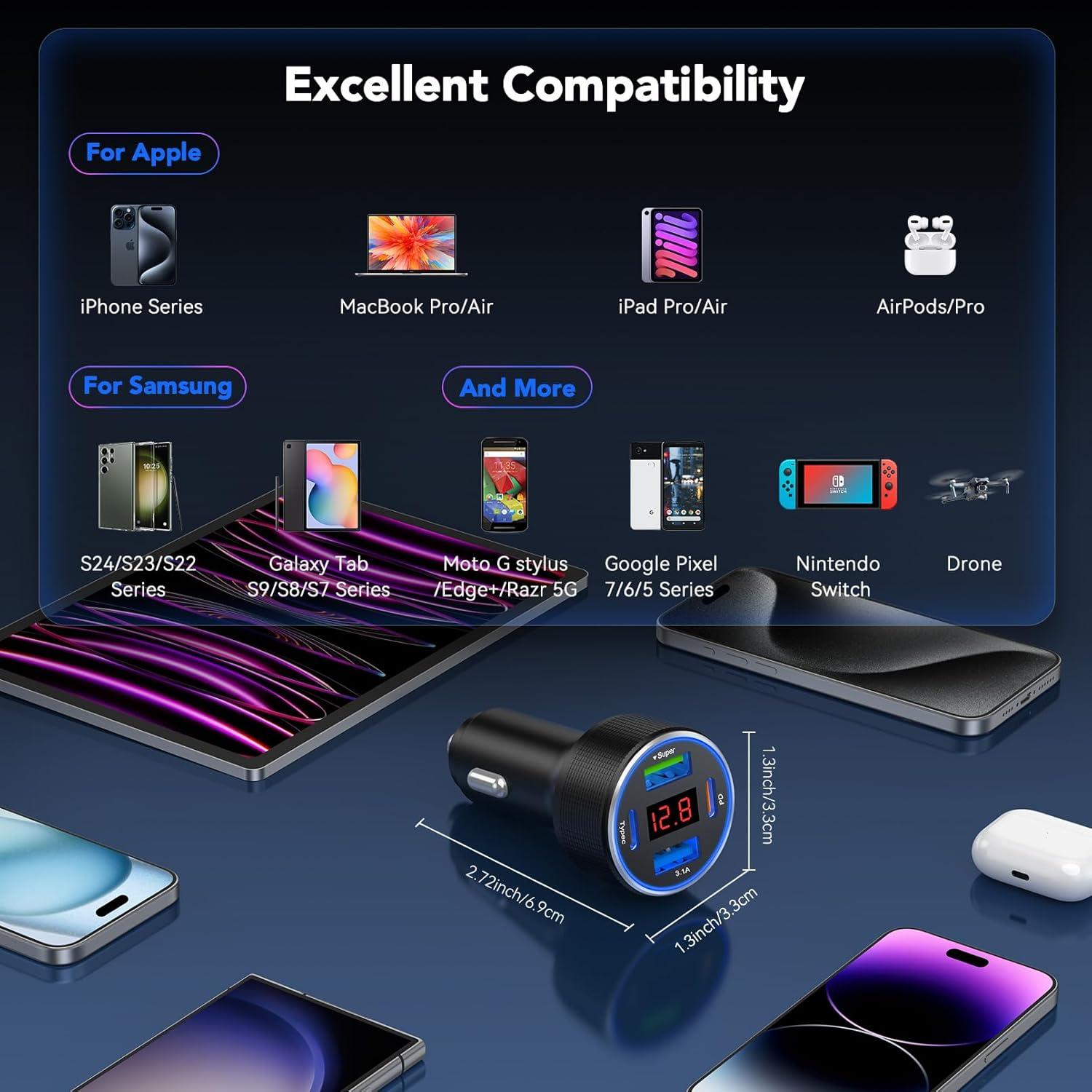 Cargador de coche USB C 4 Puertos 78W Rápido con Voltímetro