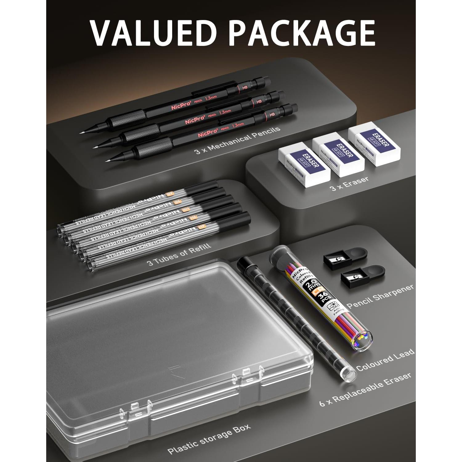 Conjunto de 3 Lápices Mecánicos Nicpro 2mm con Estuche y Minas