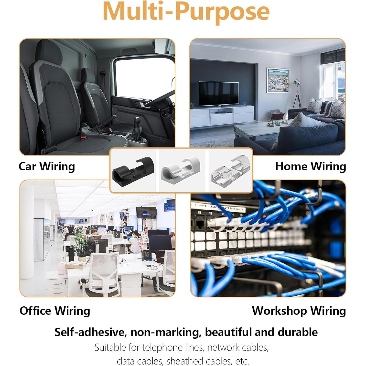 60 Clips de Cable Adhesivos 3M COMRUN para Gestión de Cables