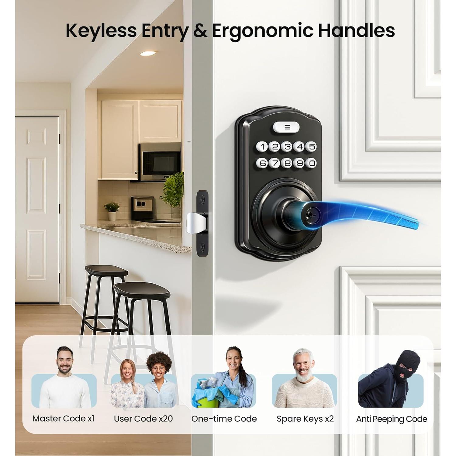 Cerradura Electrónica Veise con Teclado y Manija, Negro Mate