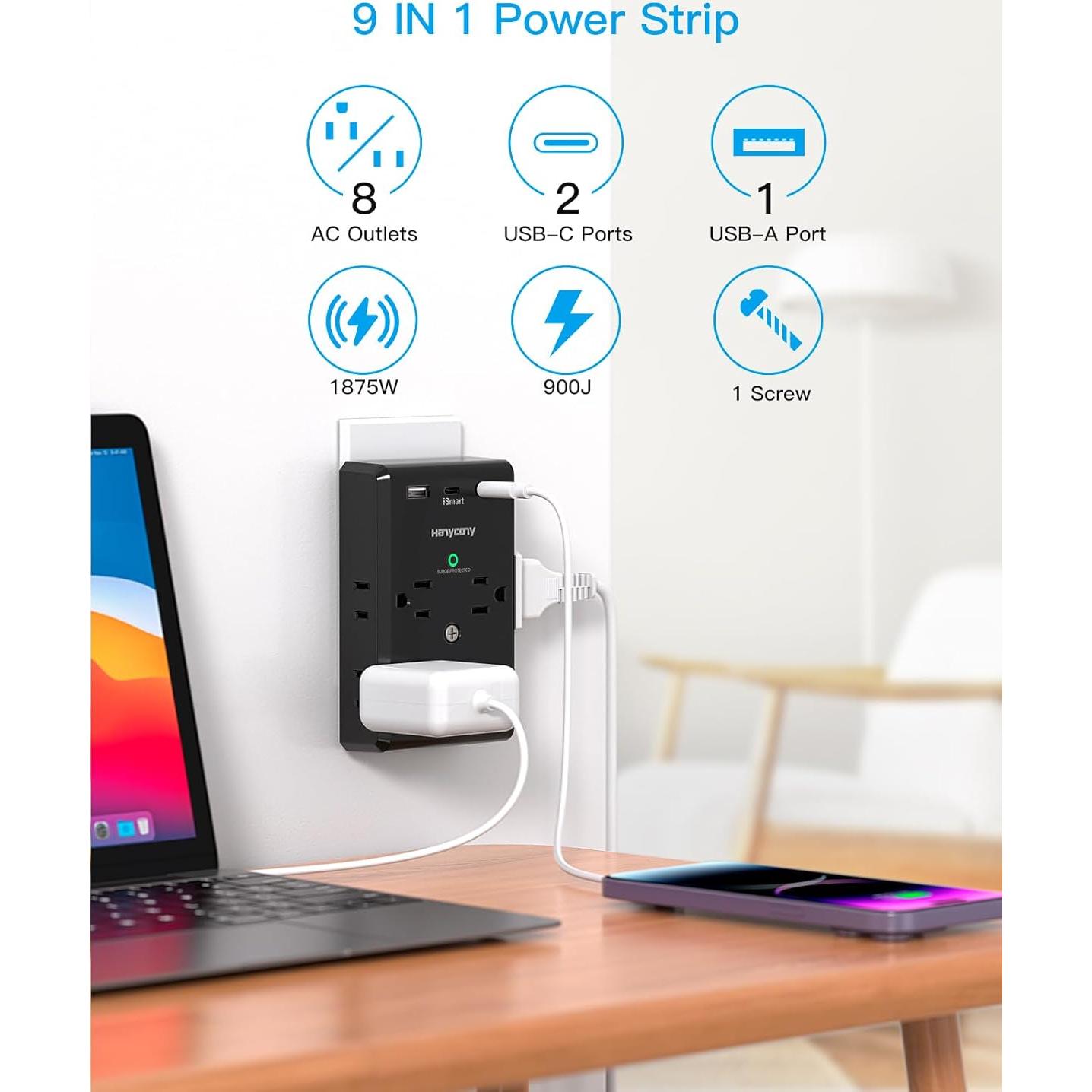 Regleta Extensora HANYCONY 8 Salidas + 3 USB C, 900J